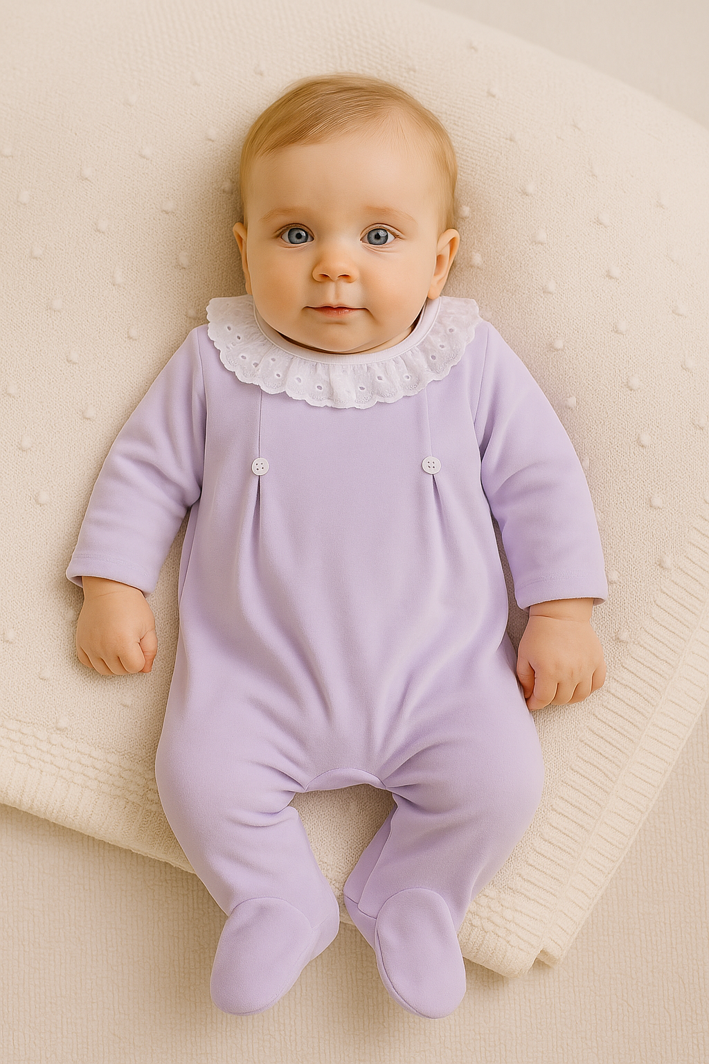 Babygrow Veludo Com Botões Flor e Gola De Folho Lilás