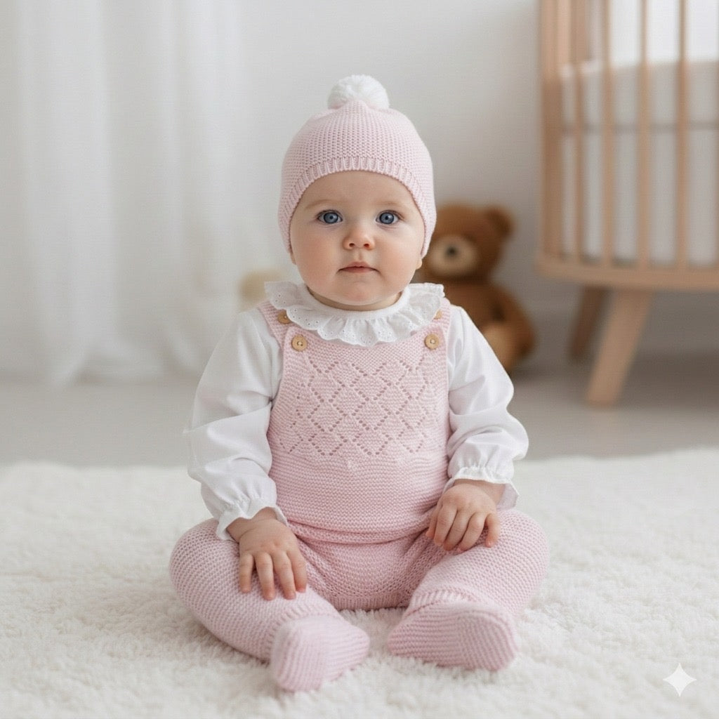 Jardineiras de Malha Losangos c/ Blusa Gola Folho e Gorro Rosa