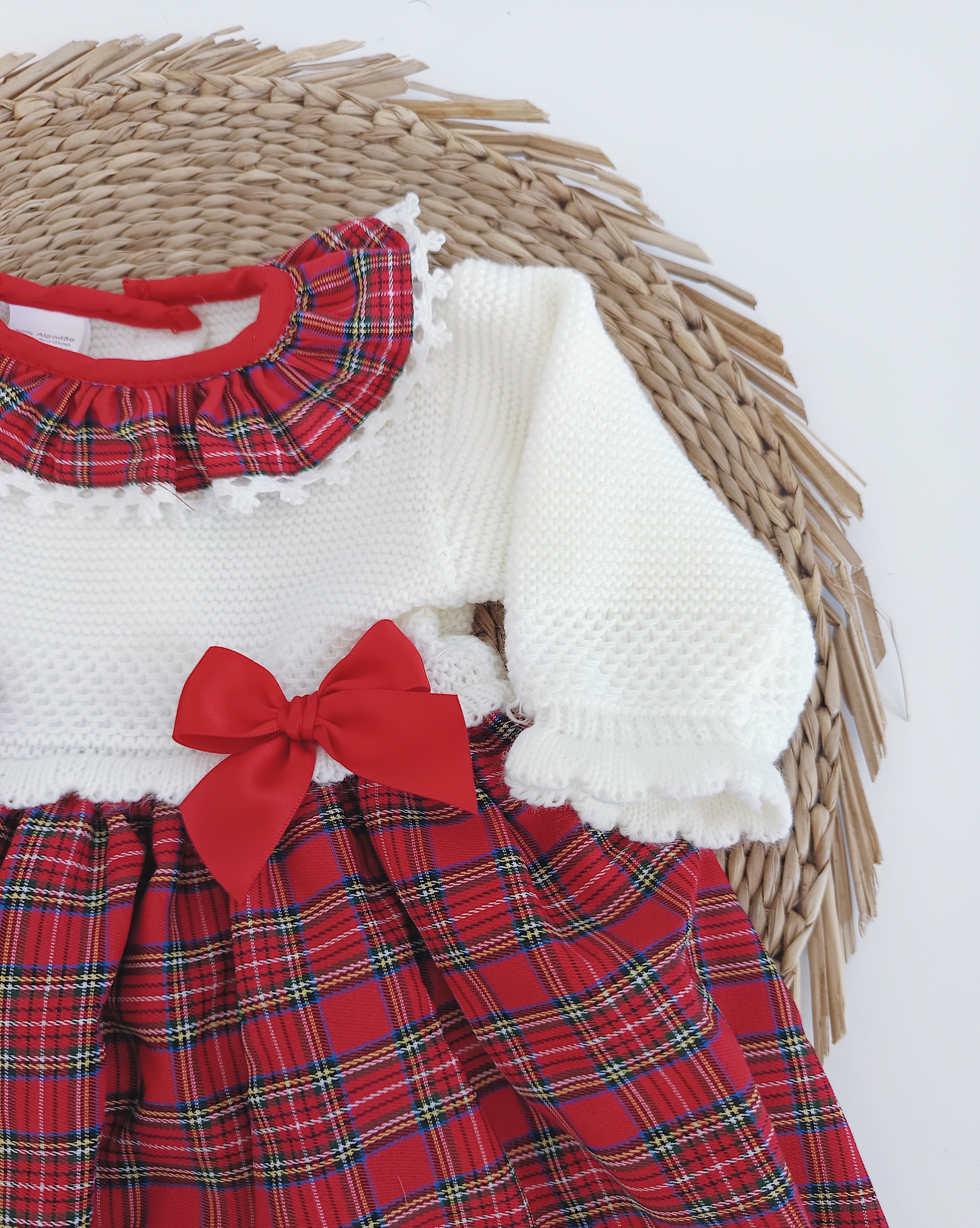 Vestido de Tecido e Malha Xadrez Vermelho Dois Laços