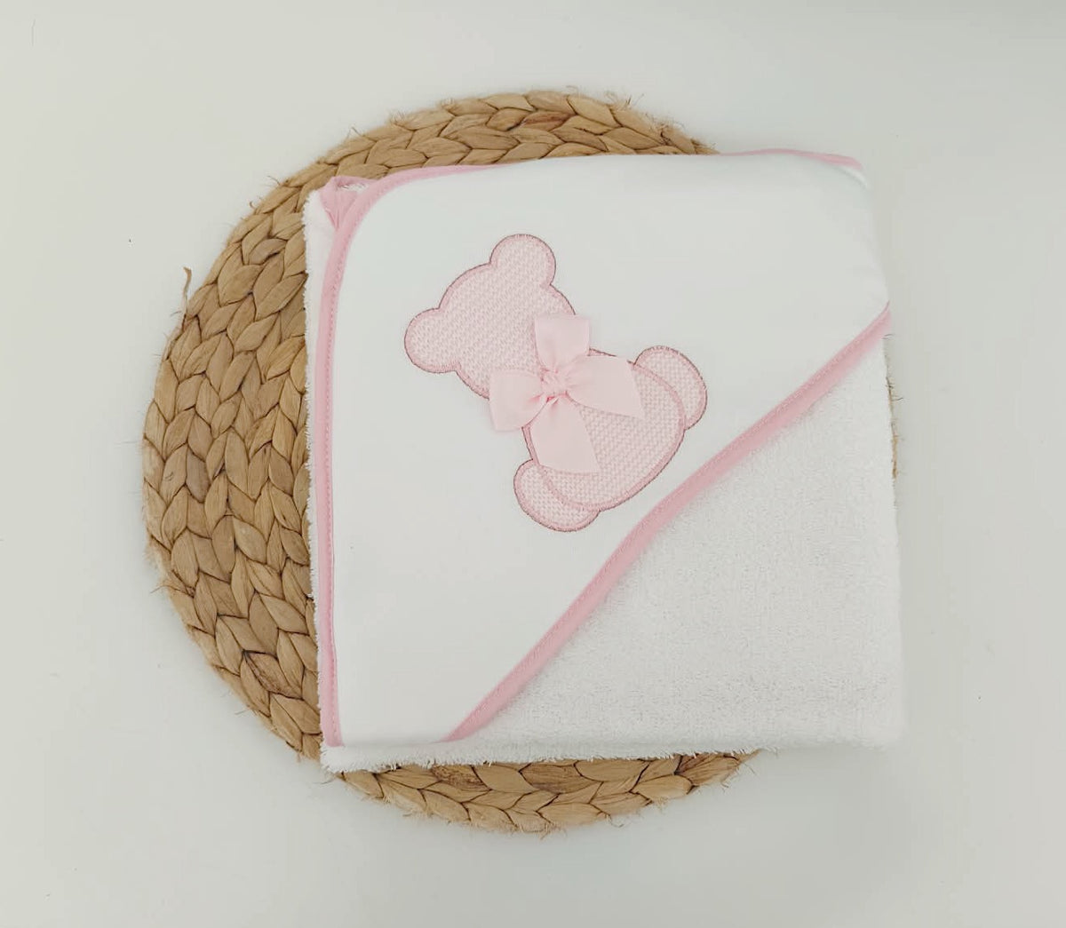 Toalha de banho para Bebé Urso Laço Rosa