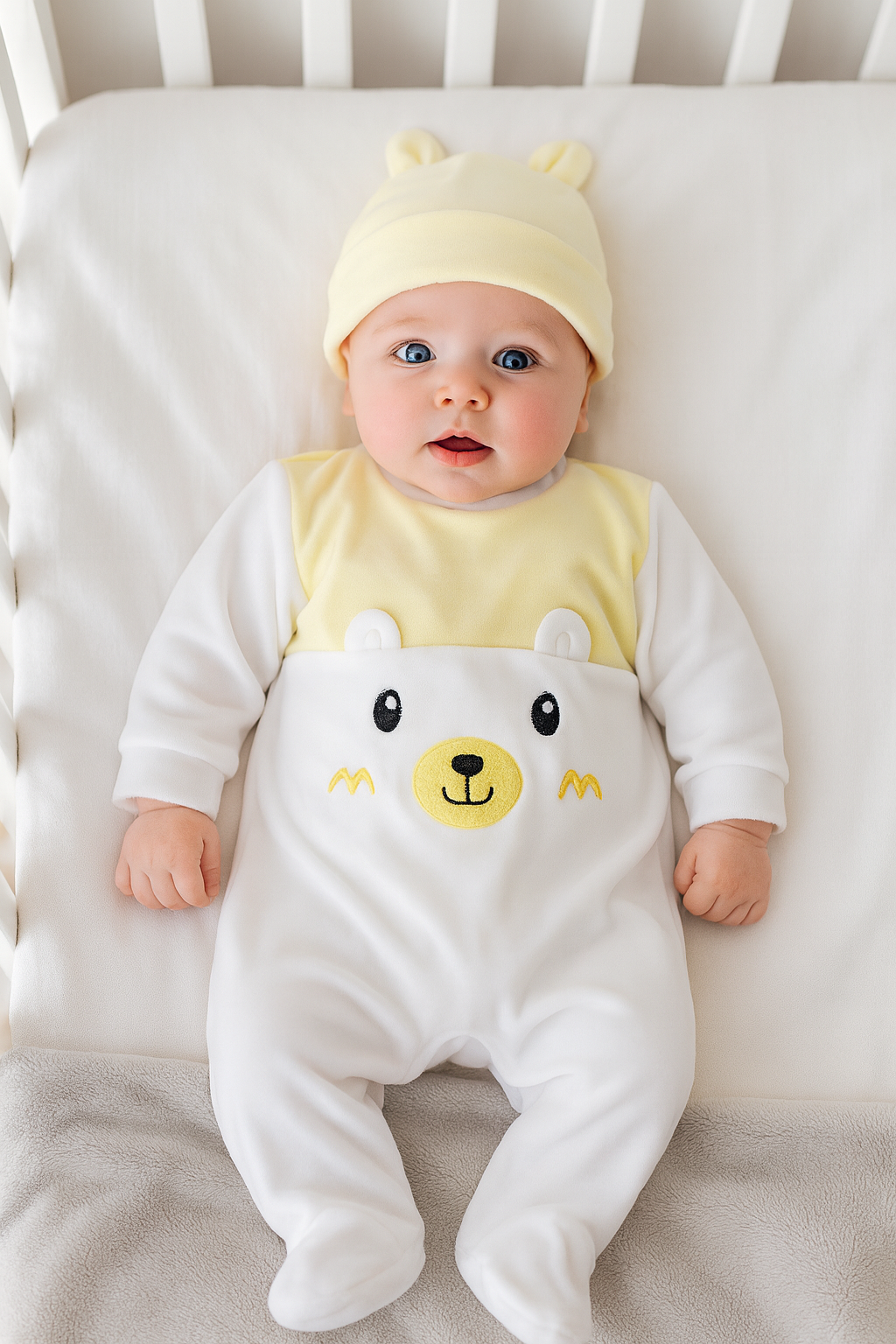 Babygrow Veludo Urso com Gorro Orelhas Amarelo