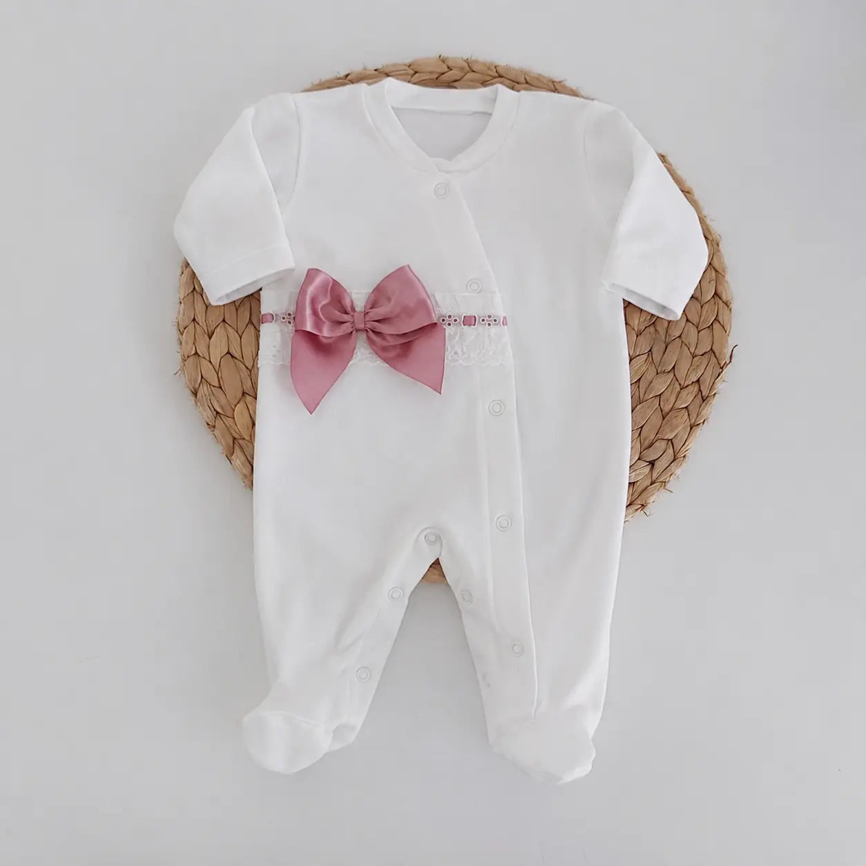 Babygrow Algodão Laçarote Branco Rosa Velho