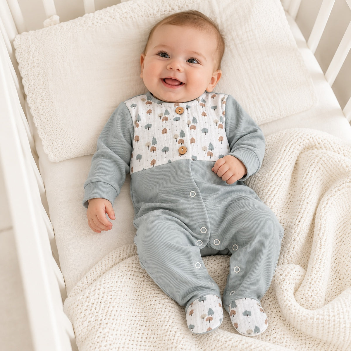 Babygrow FitFiu Babies® verde suave em algodão, com peitilho estampado de pequenas árvores, botões decorativos em madeira e detalhes a combinar nos pés.