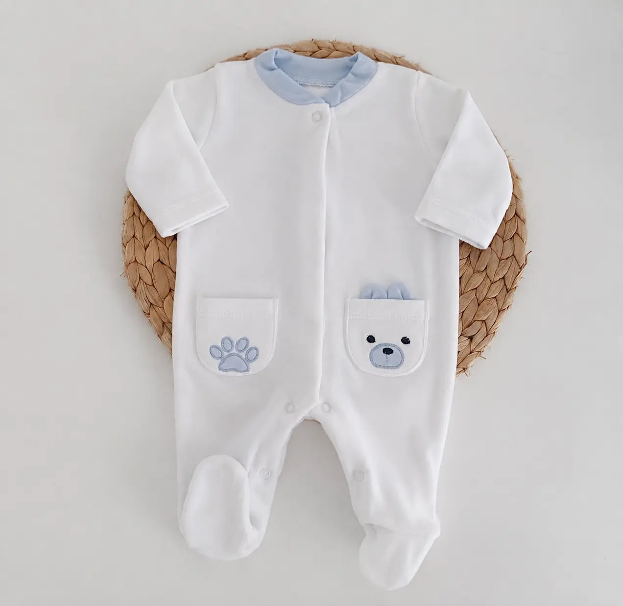 Babygrow Veludo Bolsos Ursinho Orelhas Azul