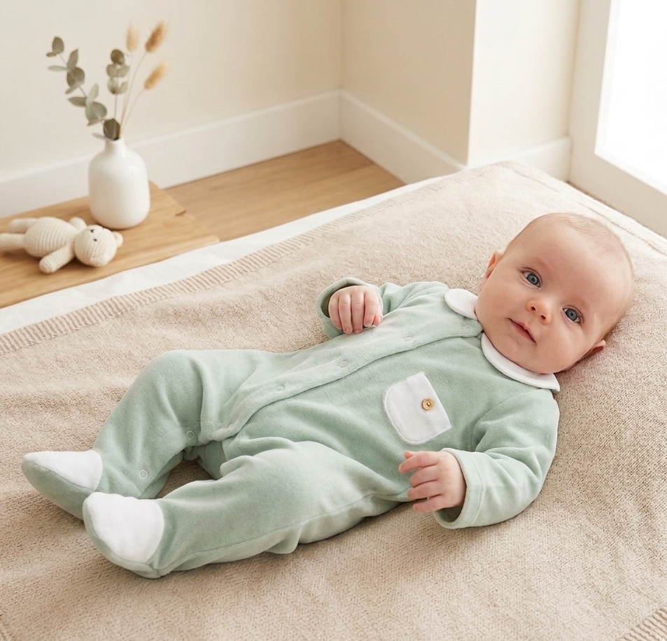 Babygrow Veludo Gola redonda com Bolso Verde