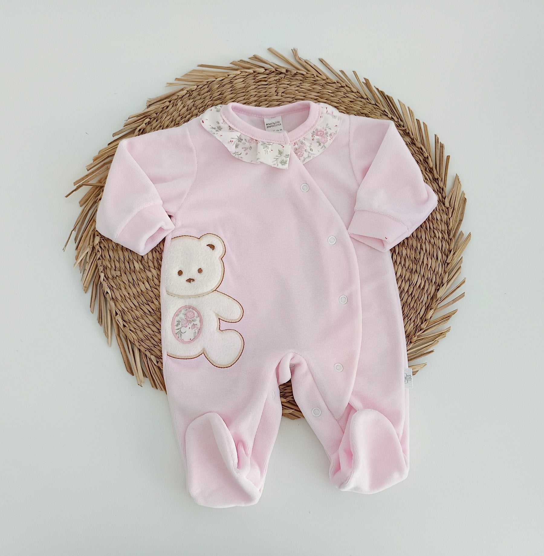 Babygrow Veludo Urso de lado Rosa