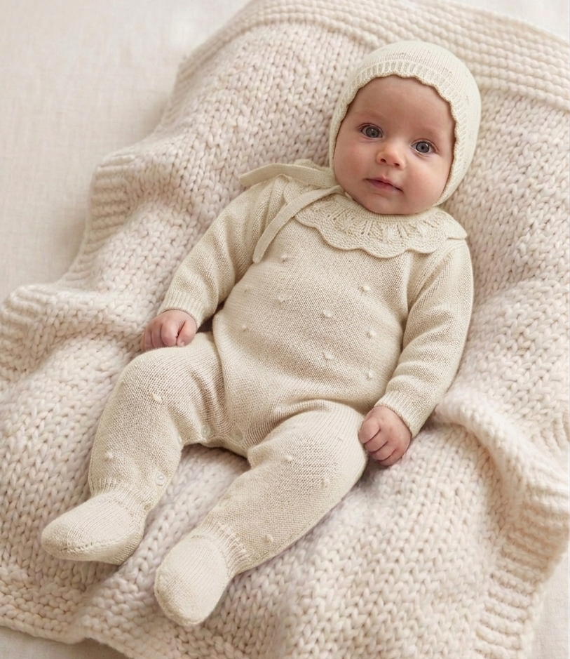 Babygrow de Malha Pompons Gola com touca Areia