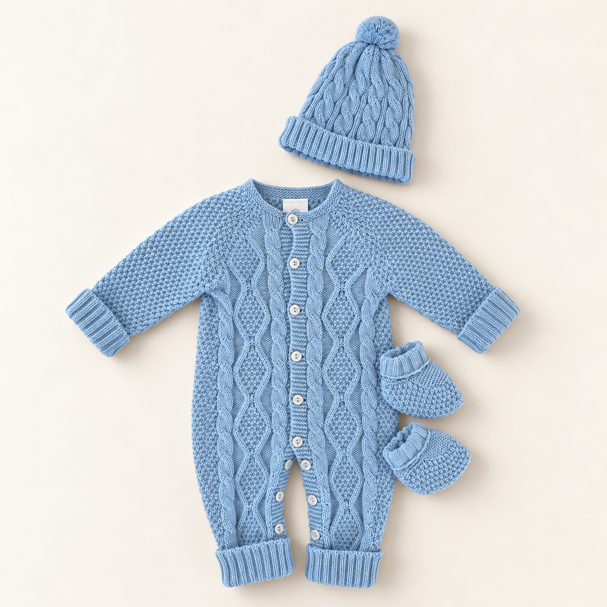 Babygrow de malha jeans com tranças, gorro com pompom e carapins a combinar para bebé