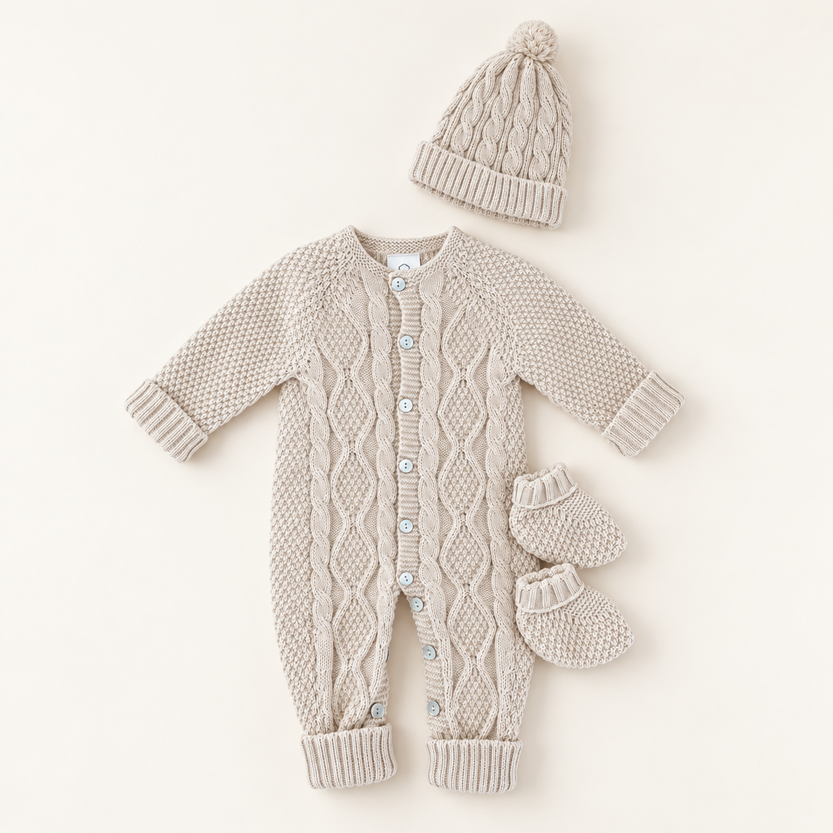 Babygrow de malha areia com tranças, gorro com pompom e carapins a combinar para bebé