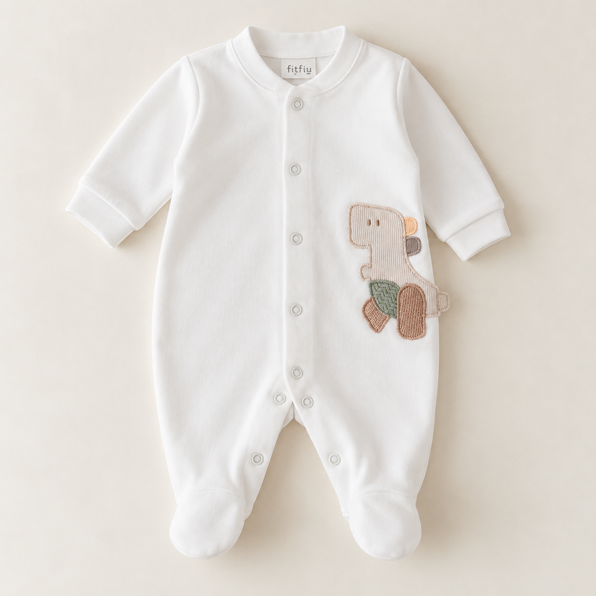 Fit Fiu Babies® | Conjunto Babygrow Toalha de banho e Fralda Dinossauro Branco