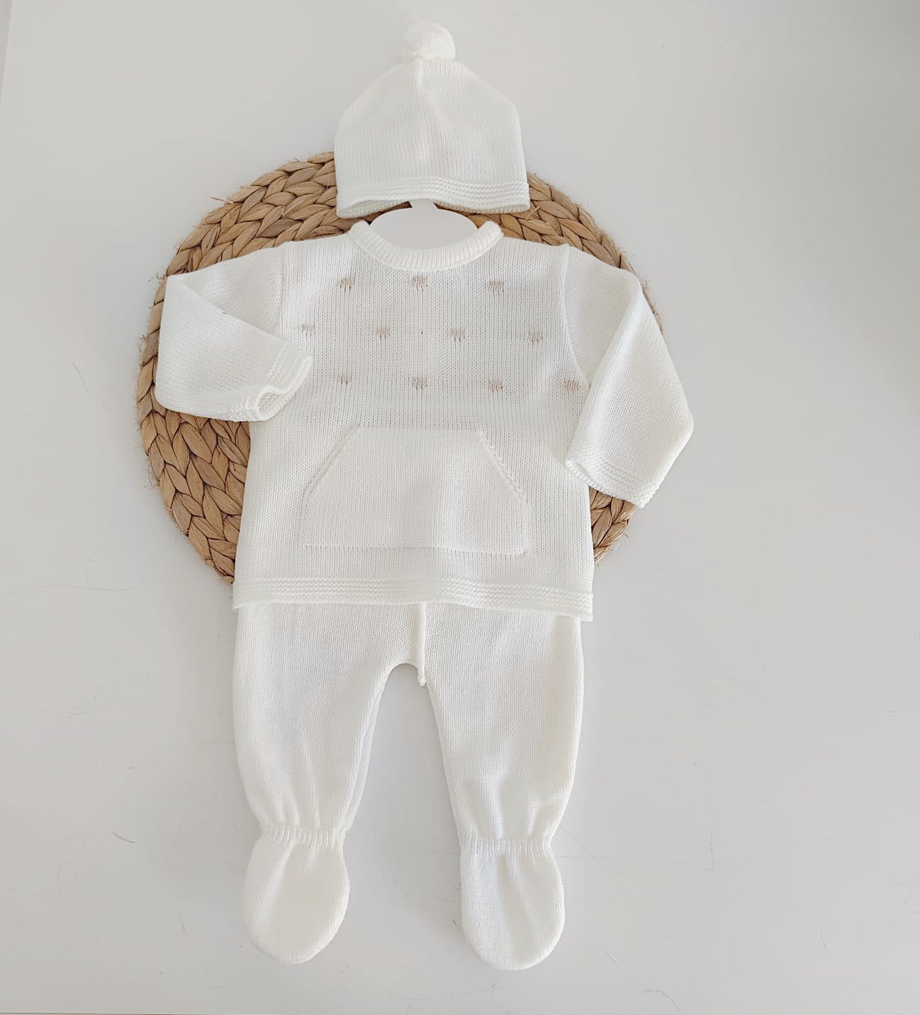 Conjunto de Malha Pintas Calças, Camisola com Bolsos e Gorro Pérola