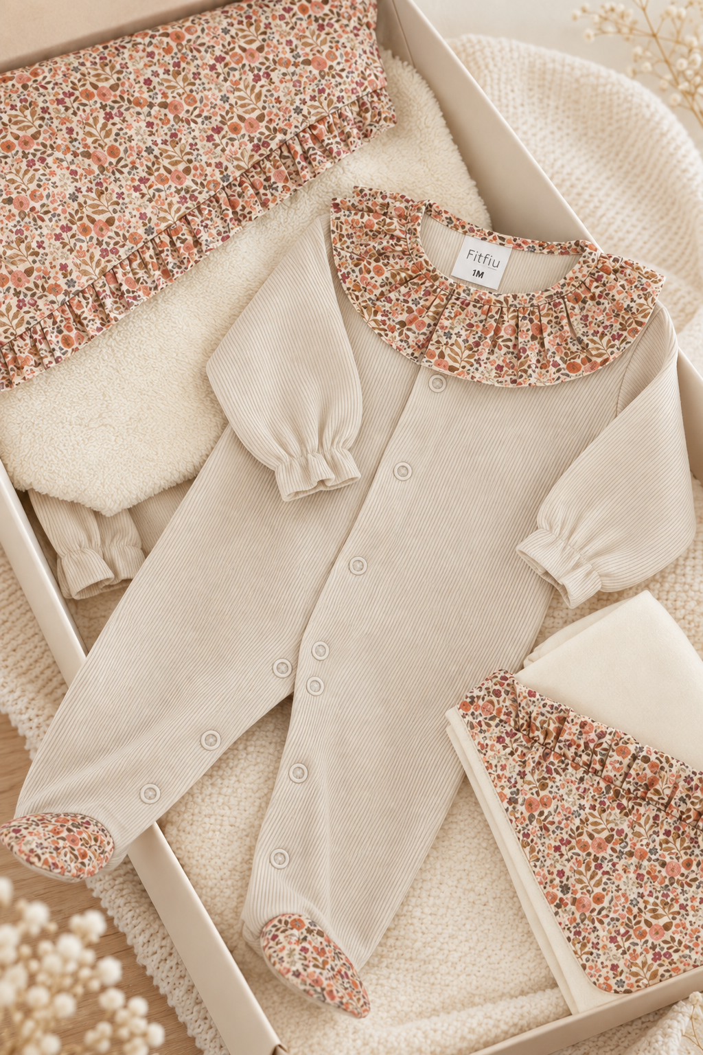 Fit Fiu Babies® | Conjunto Babygrow Toalha de banho e Fralda Flores Areia