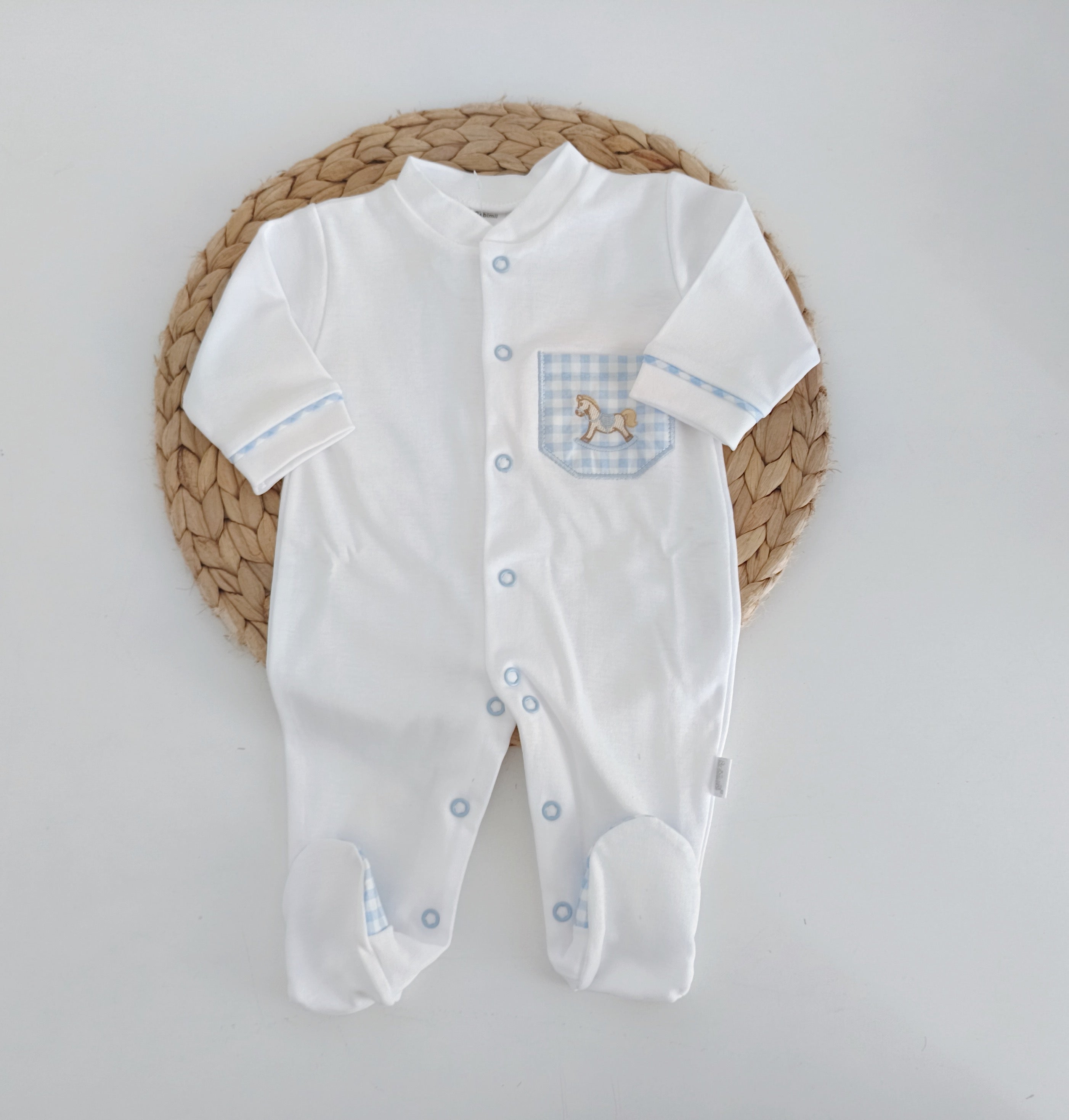 Babygrow Algodão Bolso Cavalinho Branco Azul