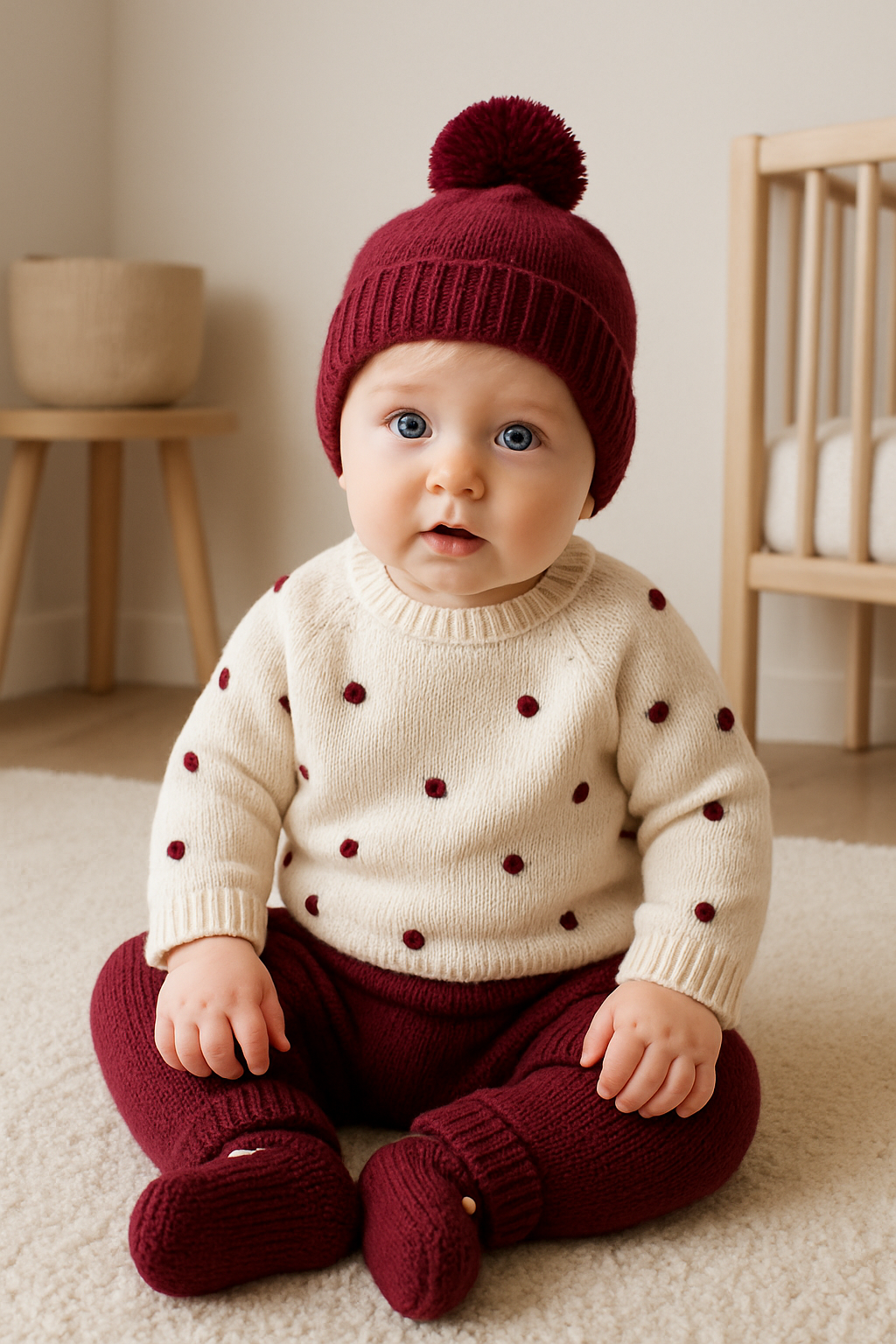 Conjunto de Malha com Gorro e carapins Pompons Bordeaux