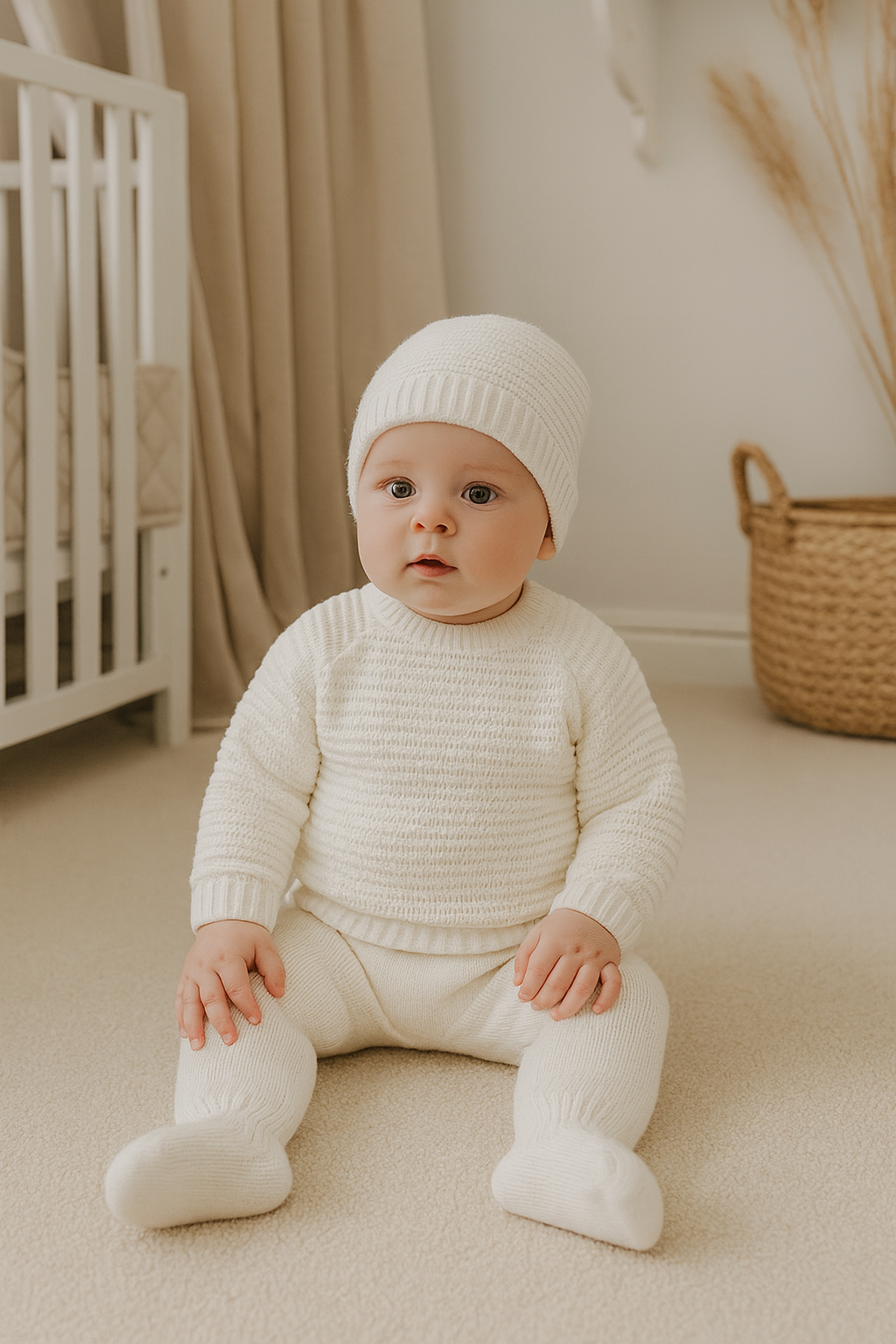 Conjunto de Malha Trabalhado com Gorro Pérola