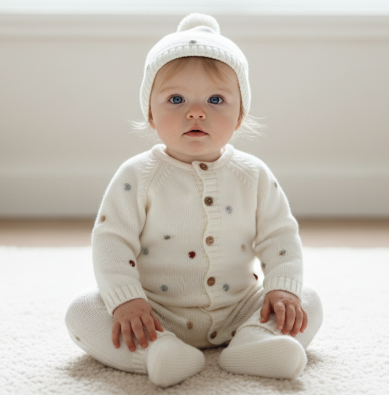 FitFiu Babies® | Babygrow de malha pompons coloridos com gorro e carapins Pérola