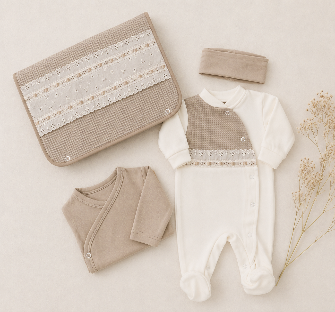 Conjunto de Primeira Roupinha Veludo Favos Areia