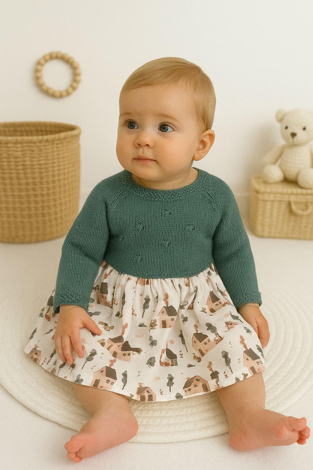 Vestido de Tecido e Malha Casinhas Verde