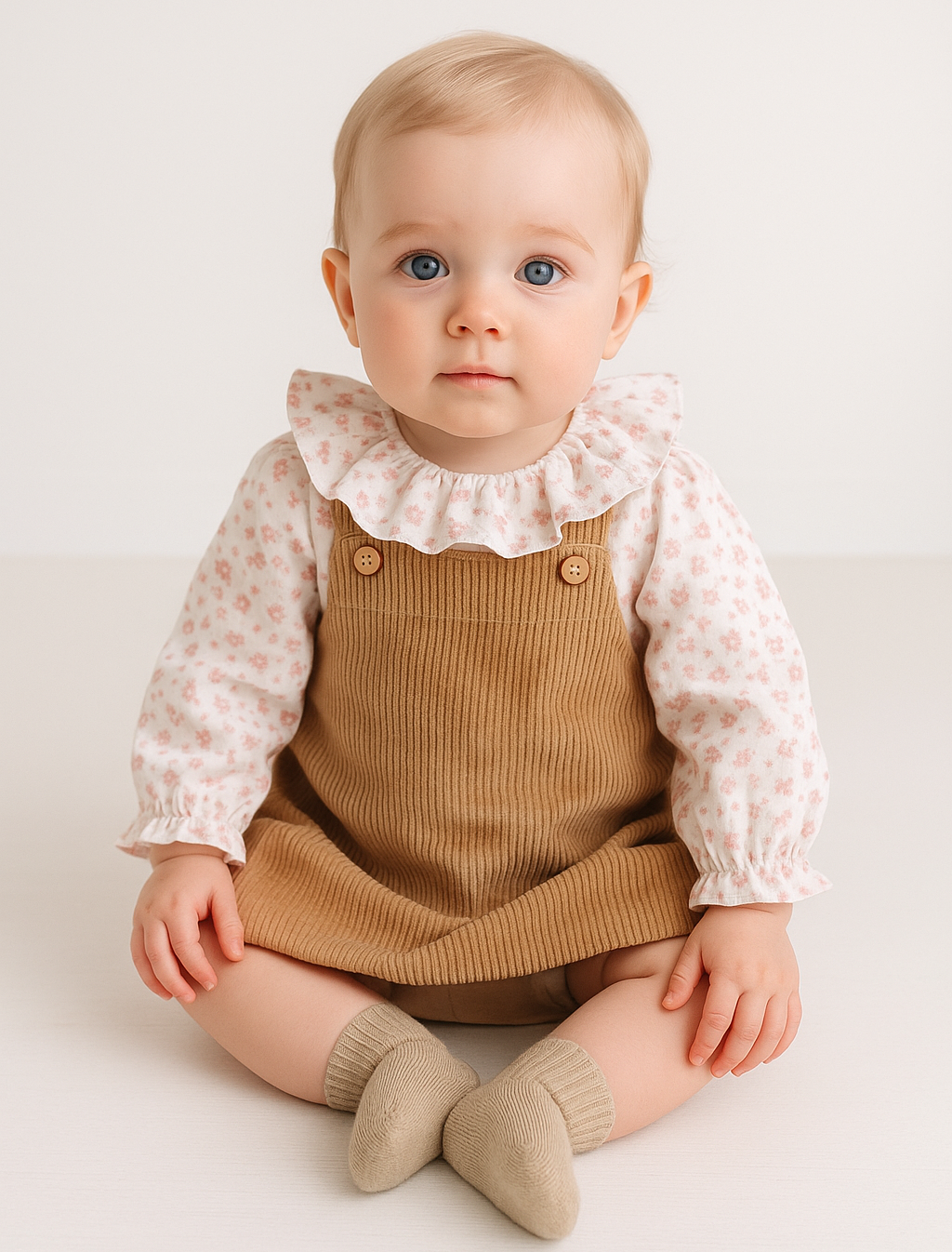 Vestido Saia de Peito de Bombazine Fina com blusa flores Camel