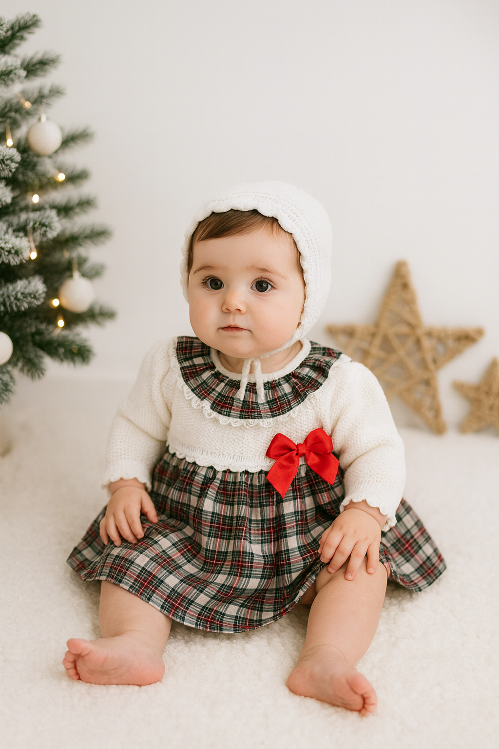 Vestido de Tecido e Malha Xadrez Laço Vermelho