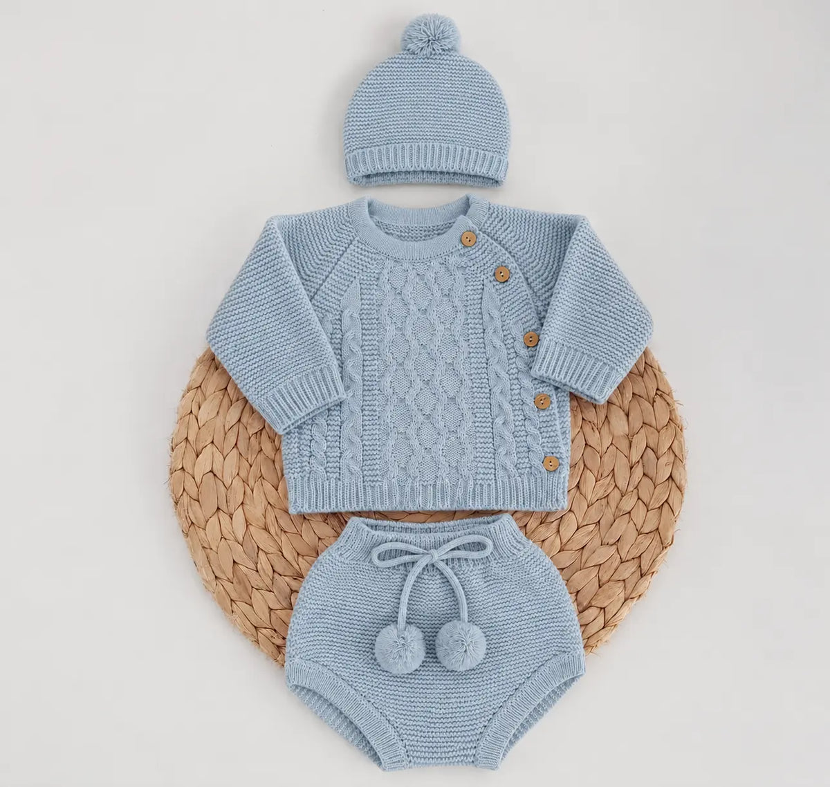 Conjunto bebé Tapa Fraldas Camisola e Gorro Pompons Azul