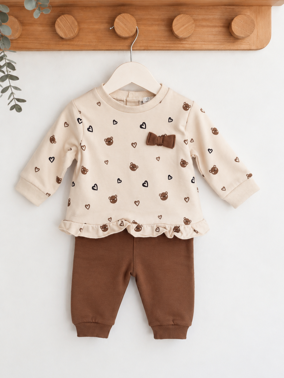 Conjunto de bebé Calças e Camisola Ursos Corações Castanho