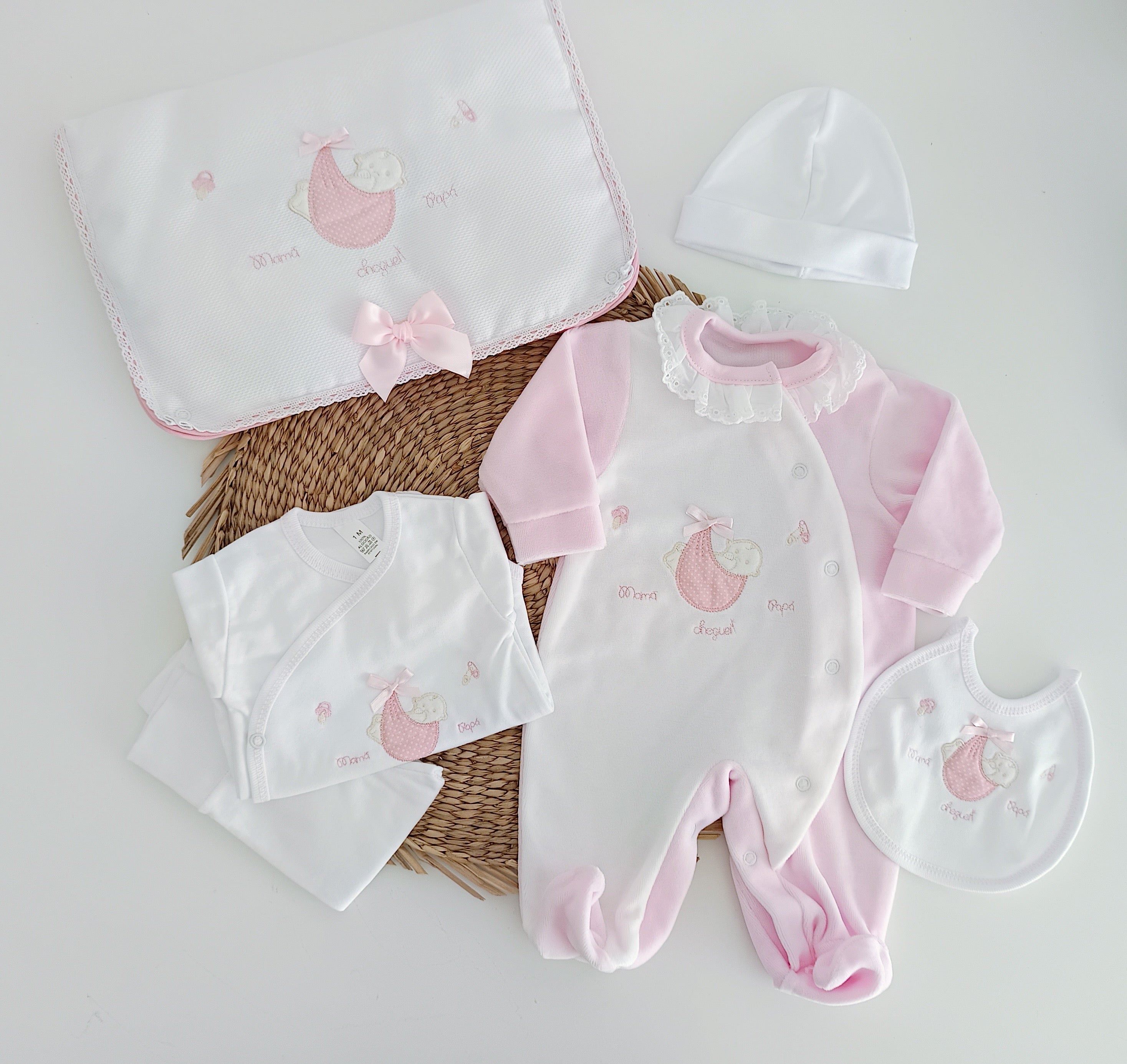 Conjunto de Primeira Roupinha Veludo Mamã Papá Cheguei Rosa