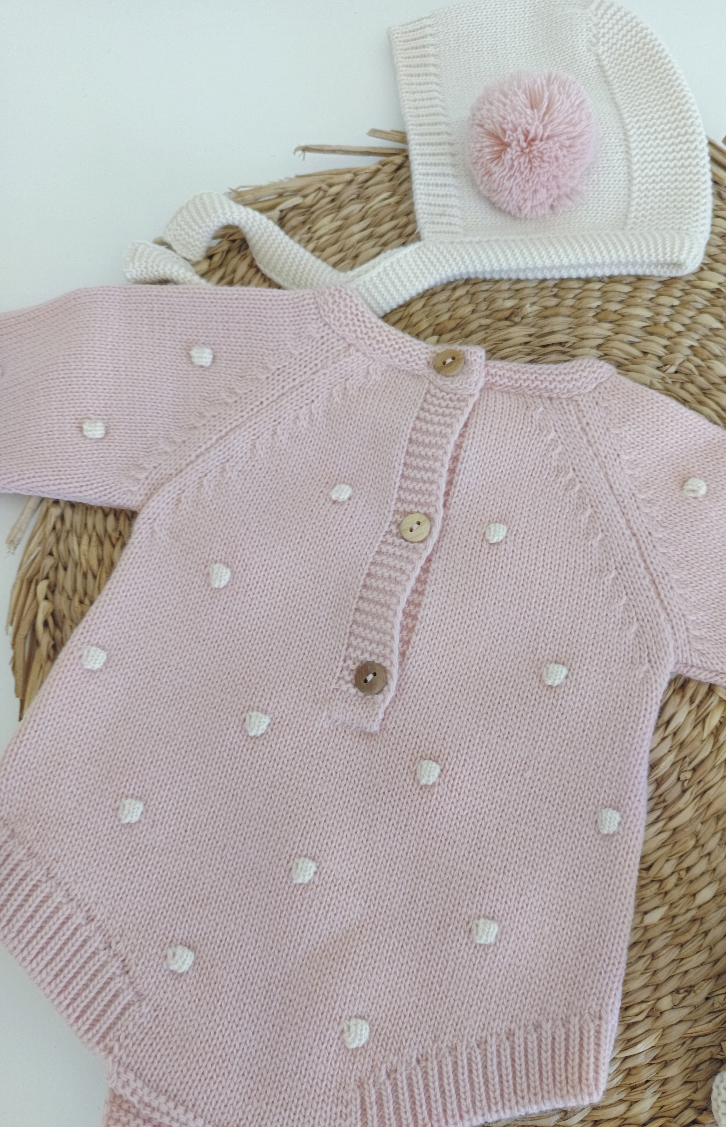 Fofo de Malha Pompons com touca e carapins Rosa Velho