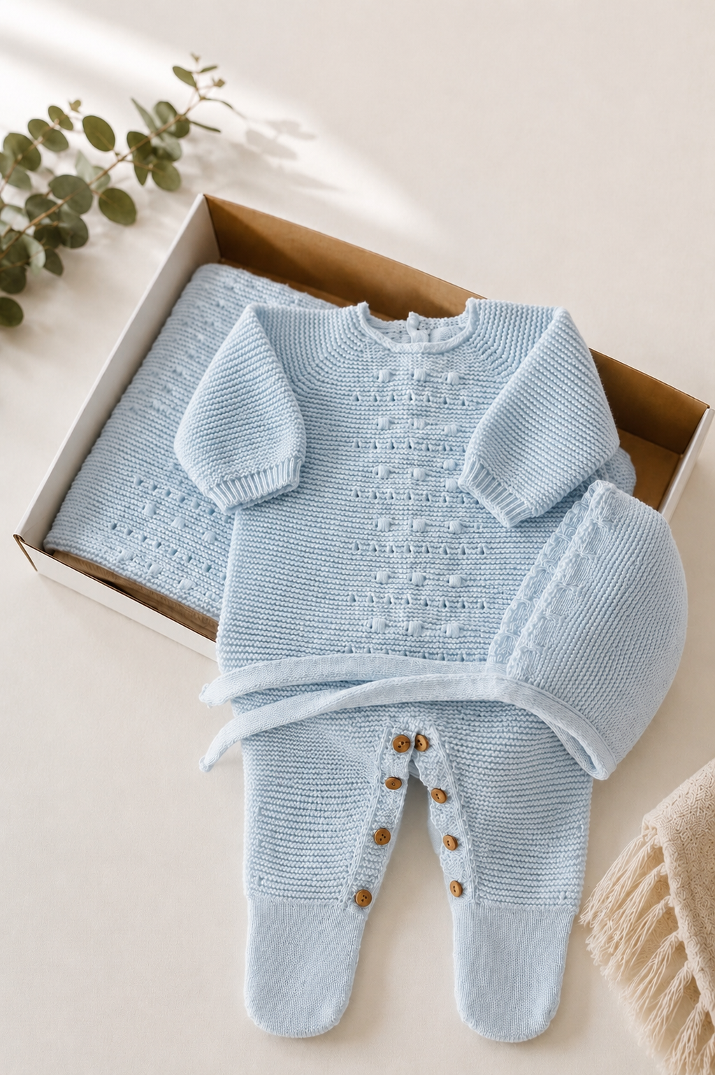 Conjunto de malha Manta e Babygrow com touca Azul