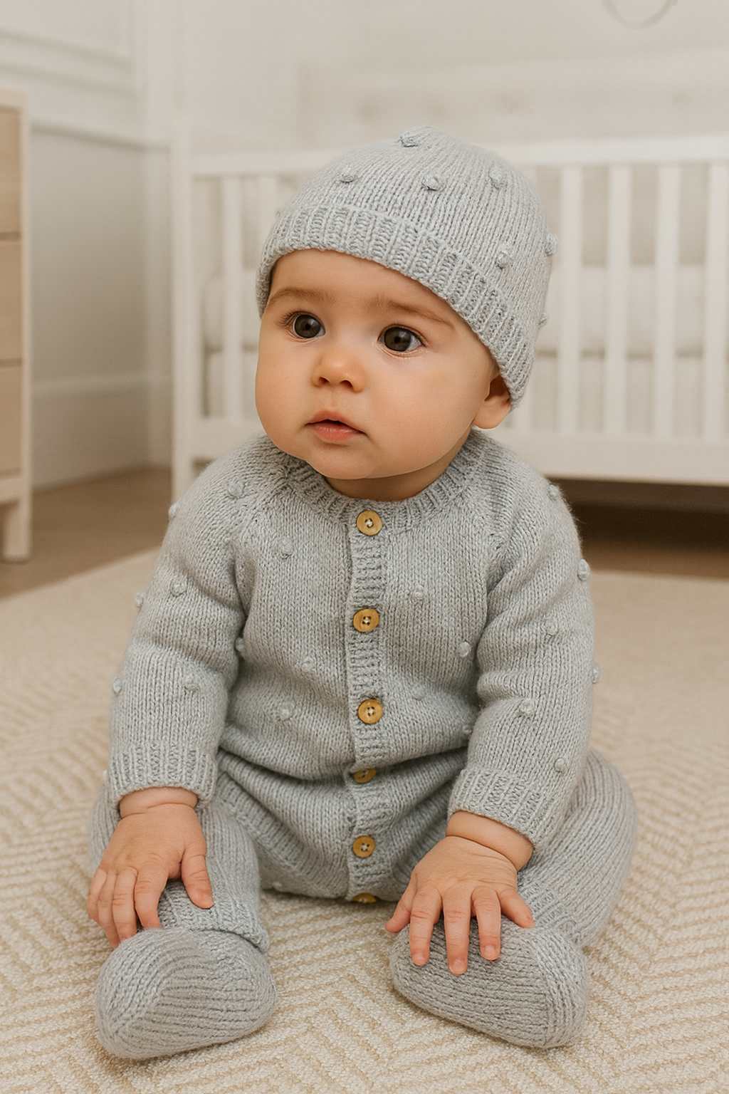Babygrow de malha pompons com gorro e carapins Cinza