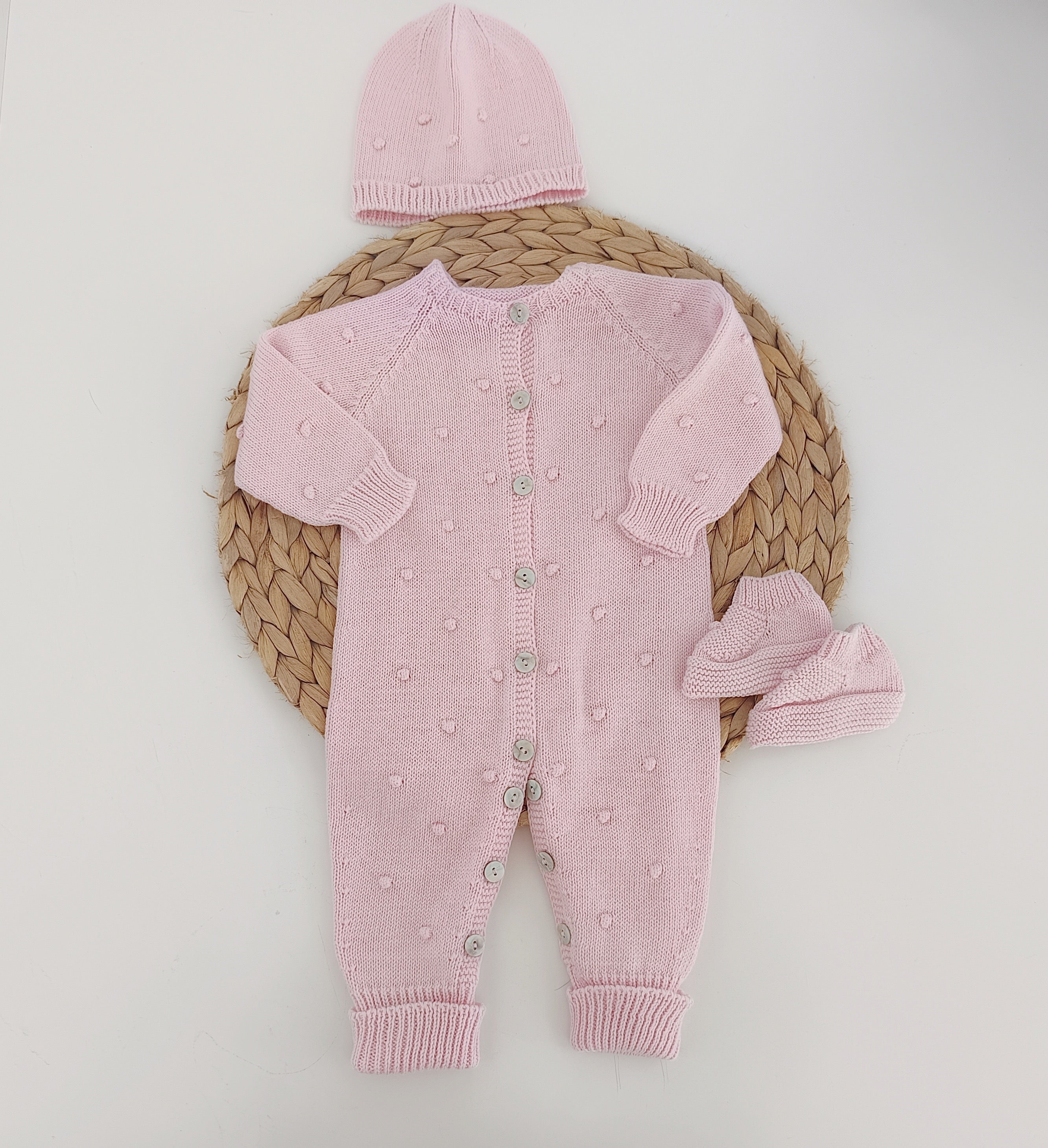 Babygrow de algodão pompons com gorro e carapins Rosa