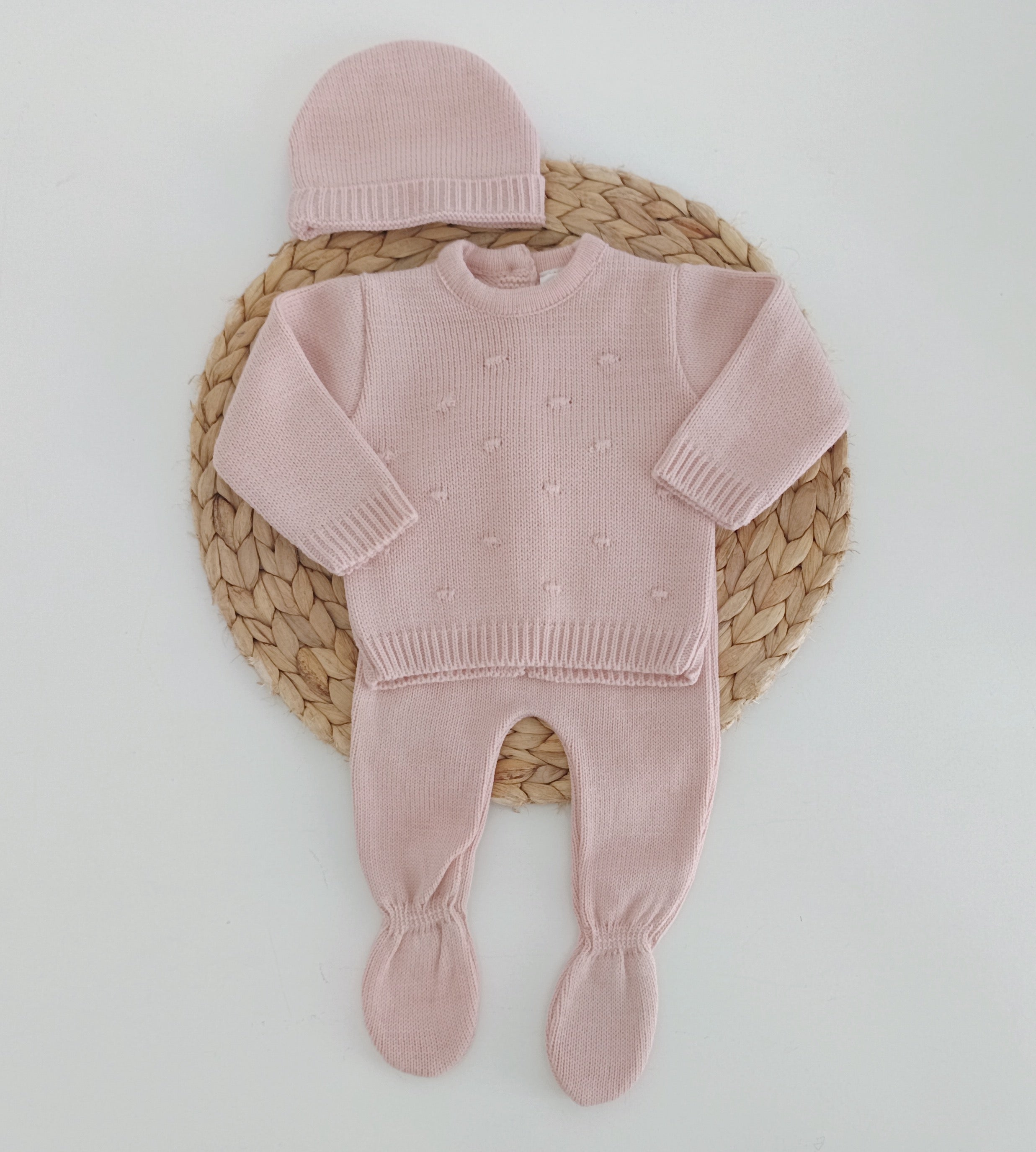 Conjunto de Malha Pompons em Relevo com Gorro Rosa Velho