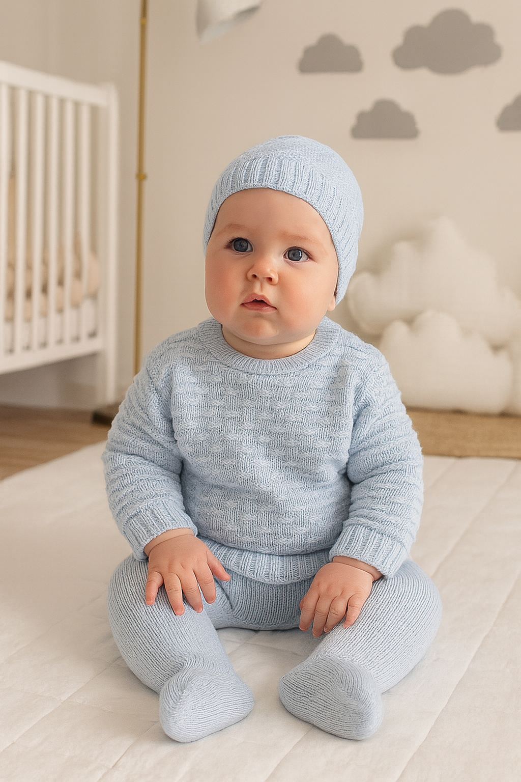Conjunto de Malha Trabalhado com Gorro Azul