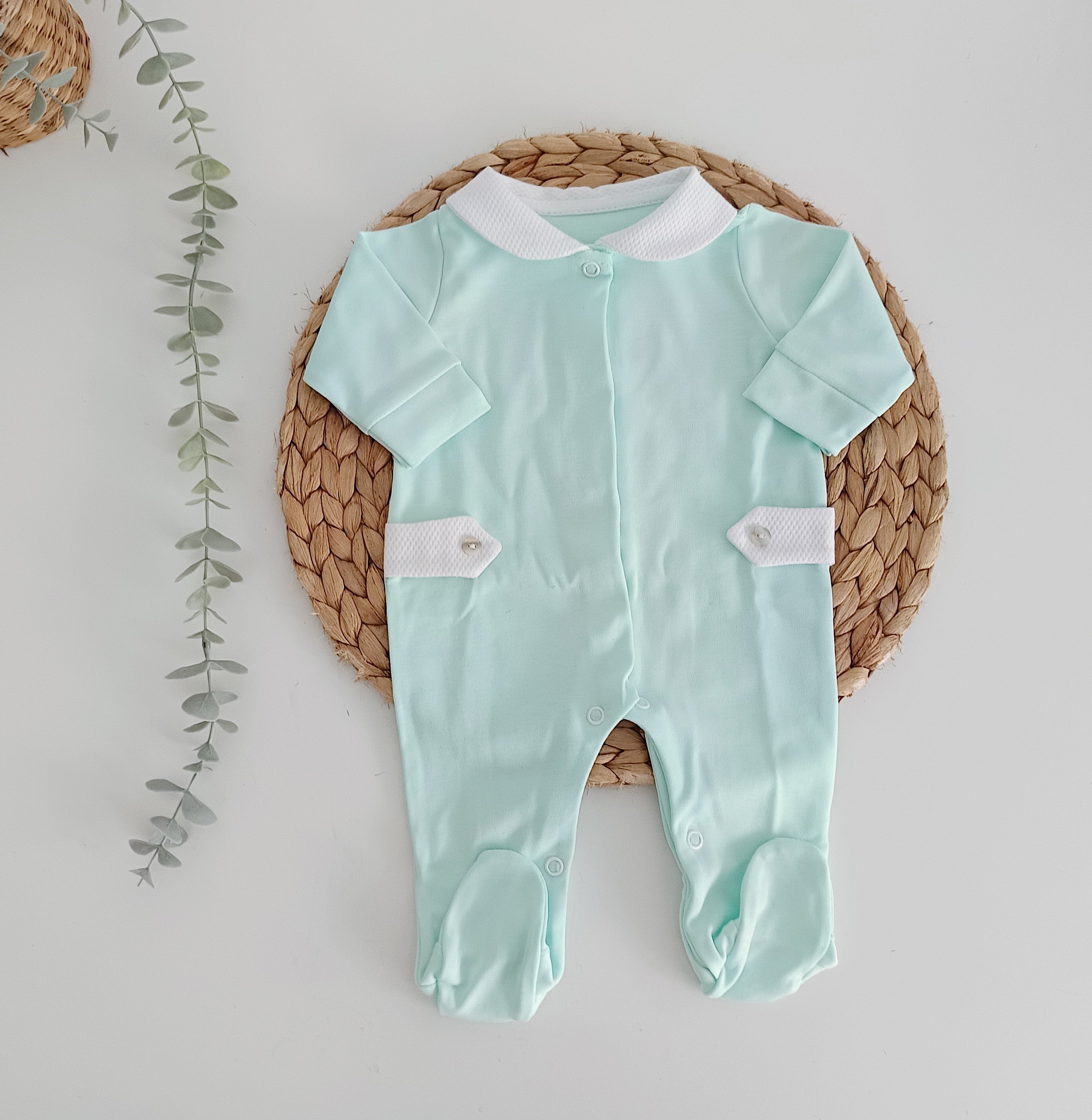 Babygrow gola peterpan Algodão com fivelas Verde Água