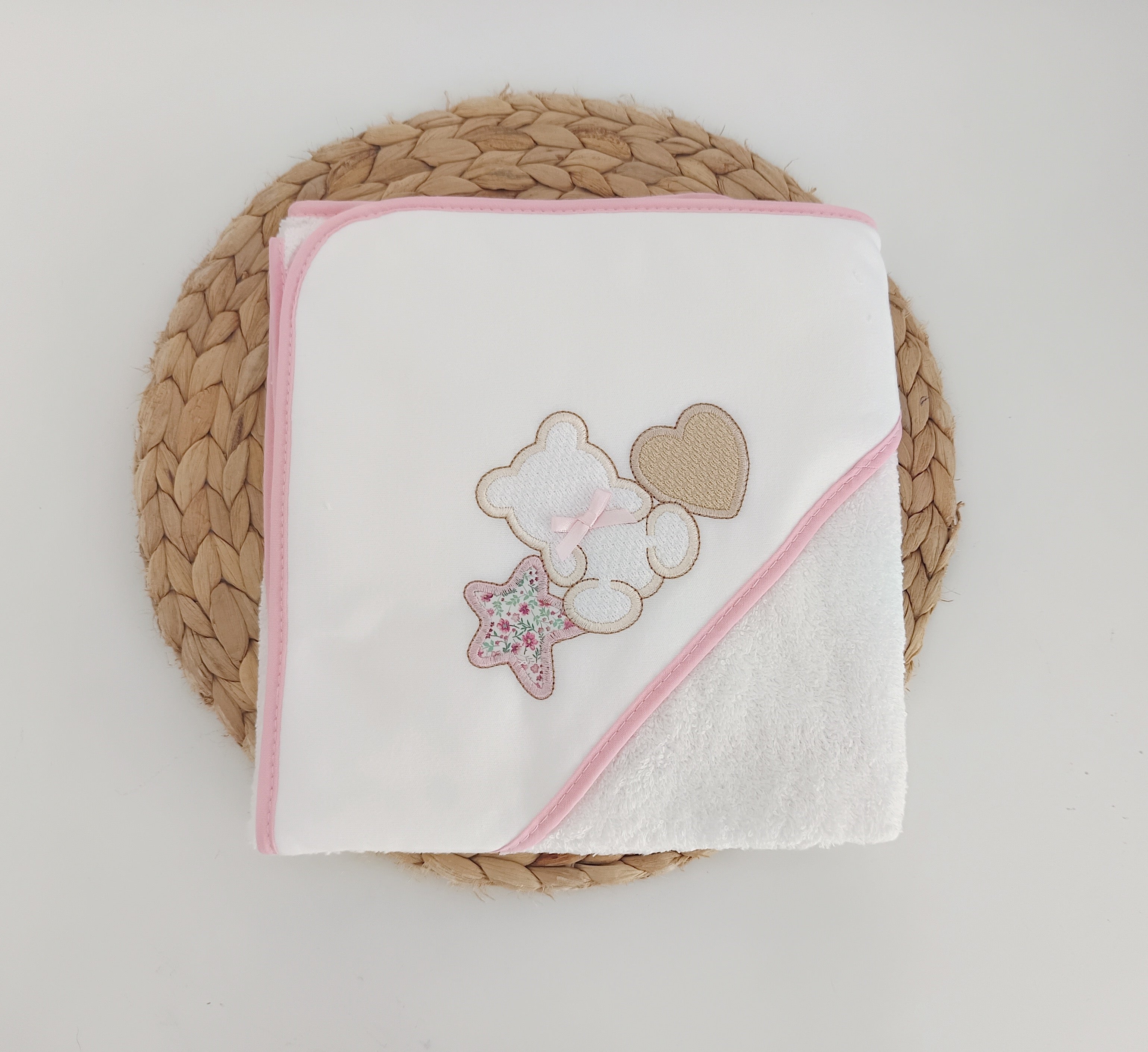 Toalha de banho para bebé Urso estrela e coração Rosa