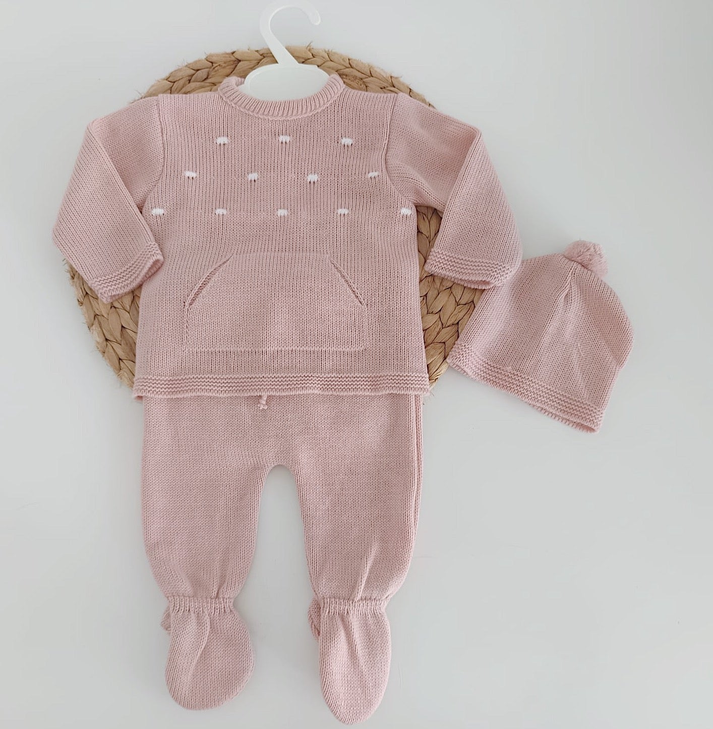 Conjunto de Malha Pintas Calças, Camisola com Bolsos e Gorro Rosa Velho