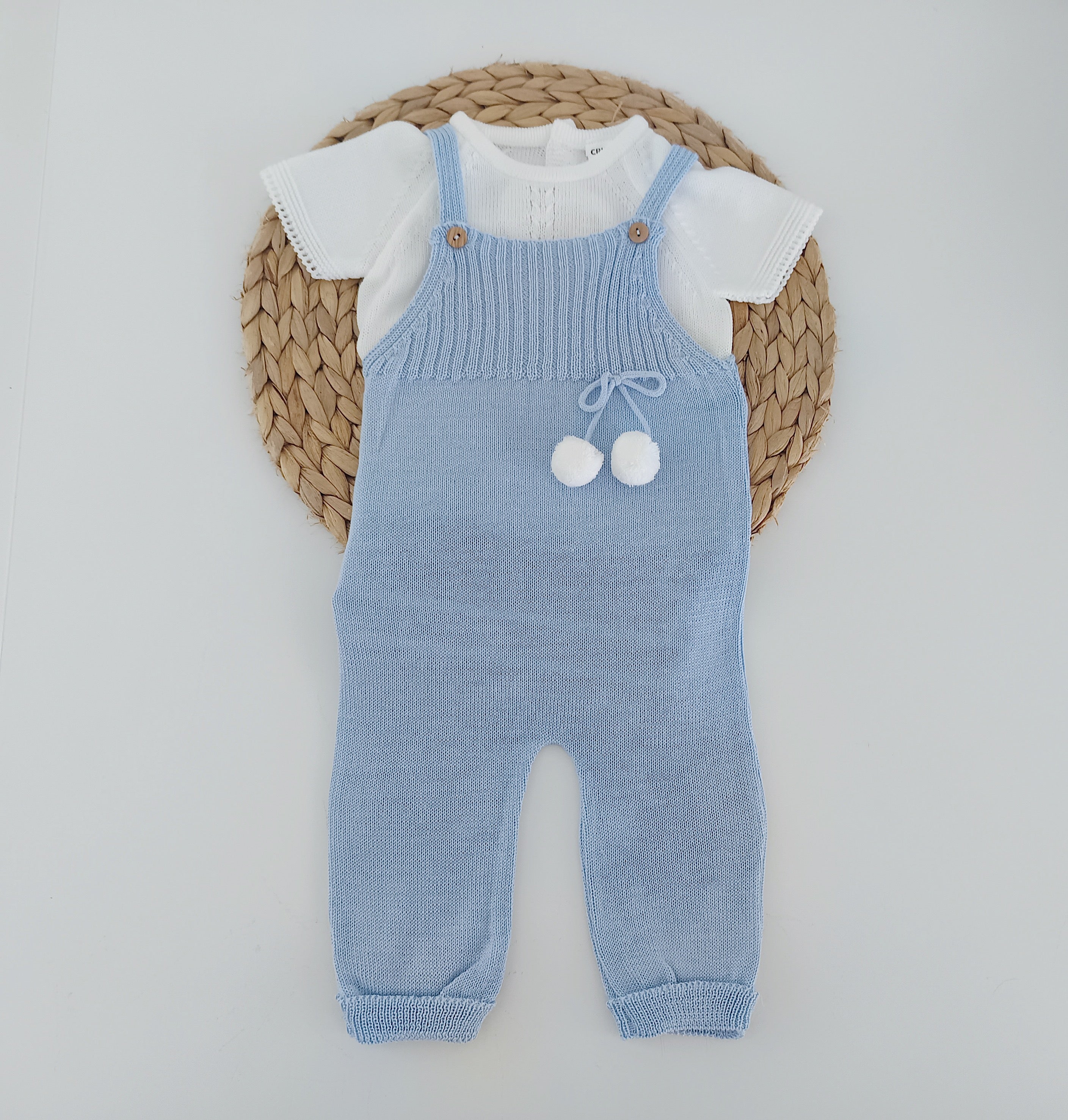 Jardineiras de Malha com camisola manga curta Pompons Azul