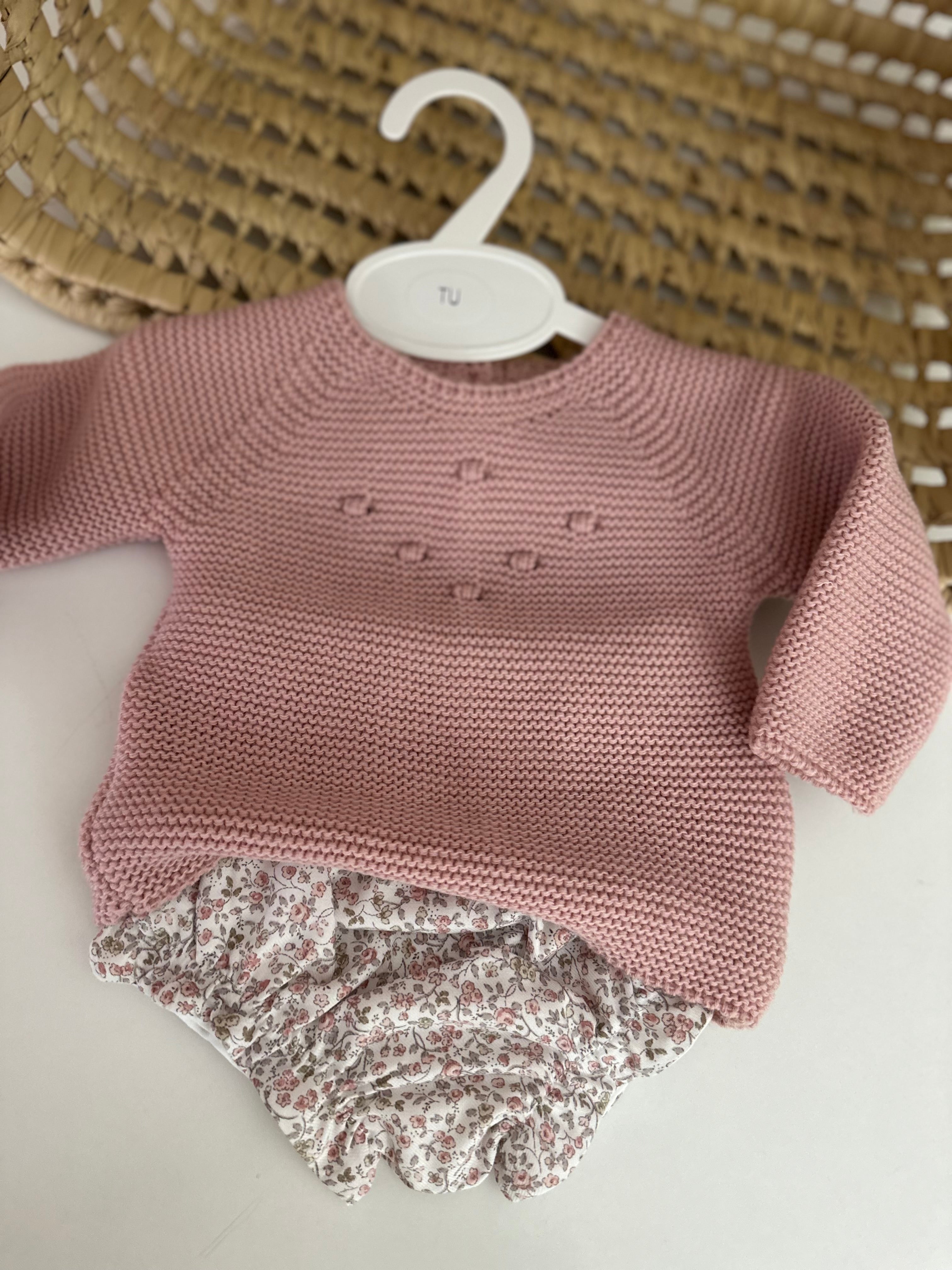 Tapa Fraldas com Camisola de Malha Florinhas Rosa Velho