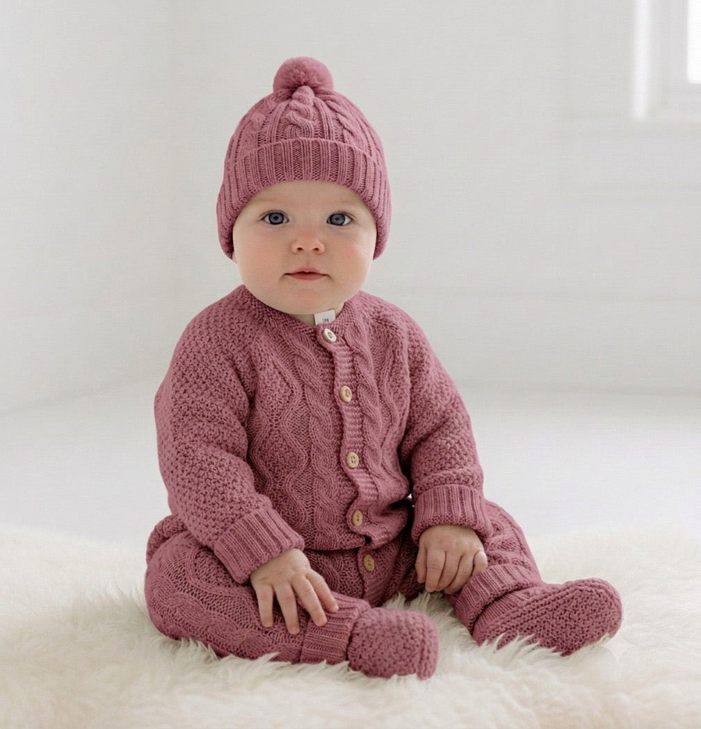 Babygrow de malha com gorro e carapins Beringela
