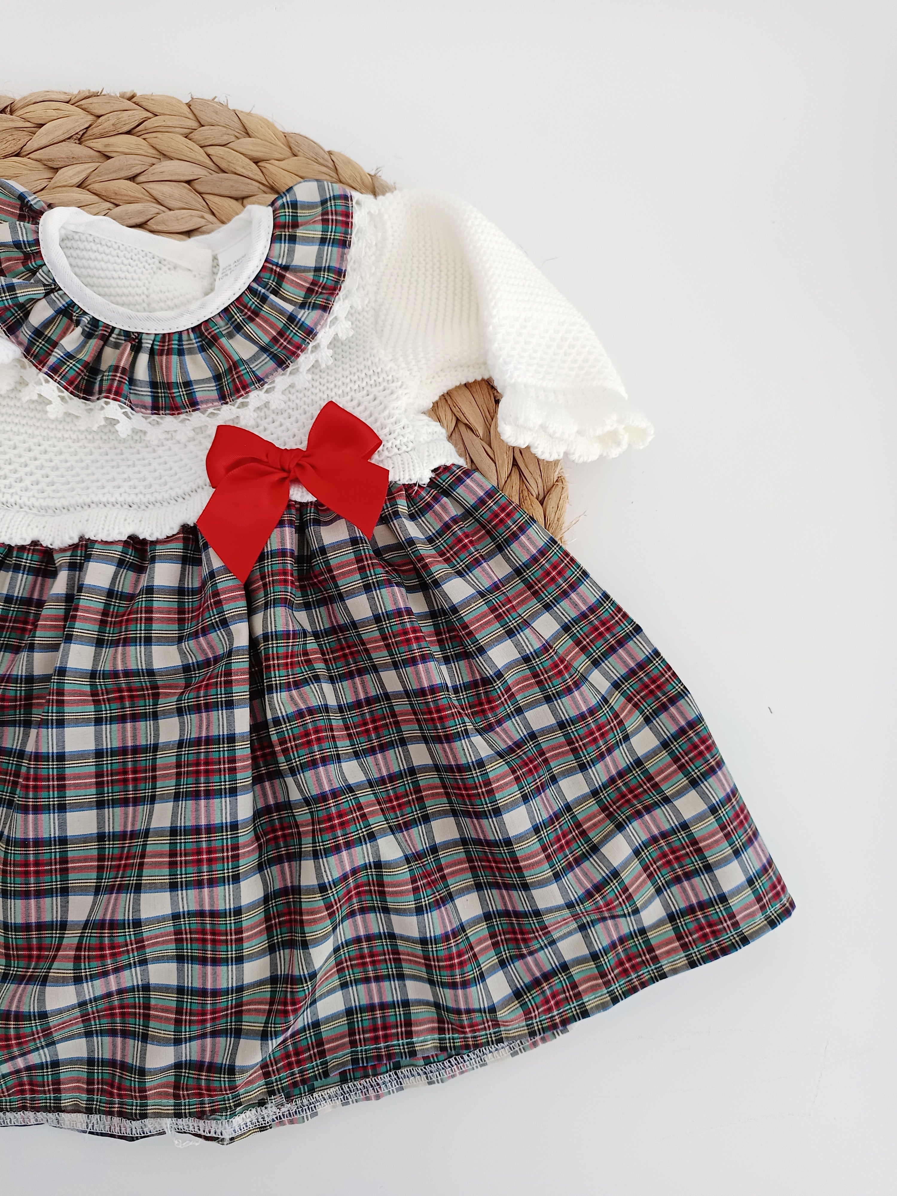 Vestido de Tecido e Malha Xadrez Laço Vermelho