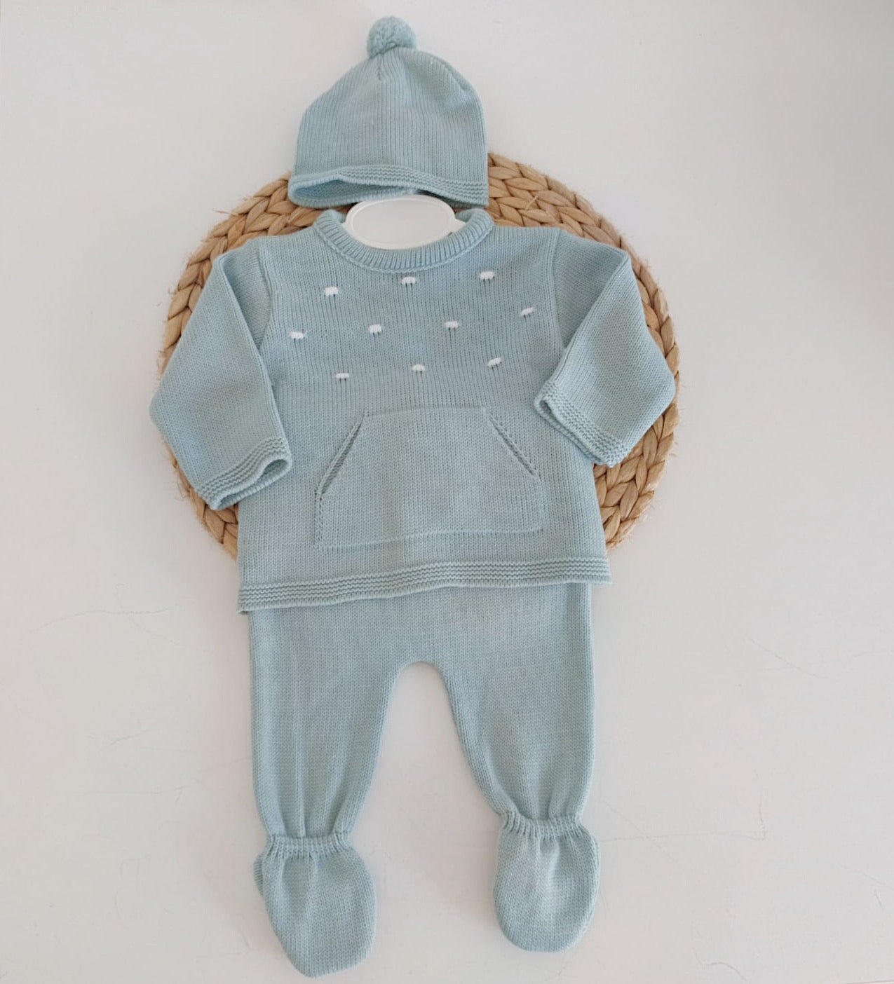 Conjunto de Malha Pintas Calças, Camisola com Bolsos e Gorro Verde