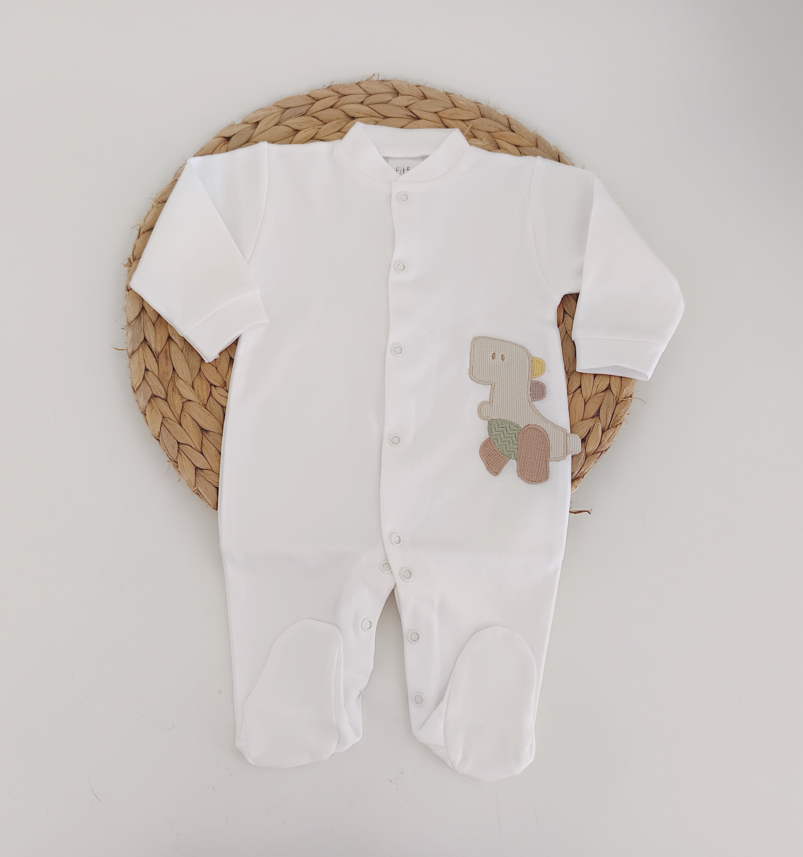 Babygrow dinossauro divertido para bebé com abertura frontal em algodão ou veludo
