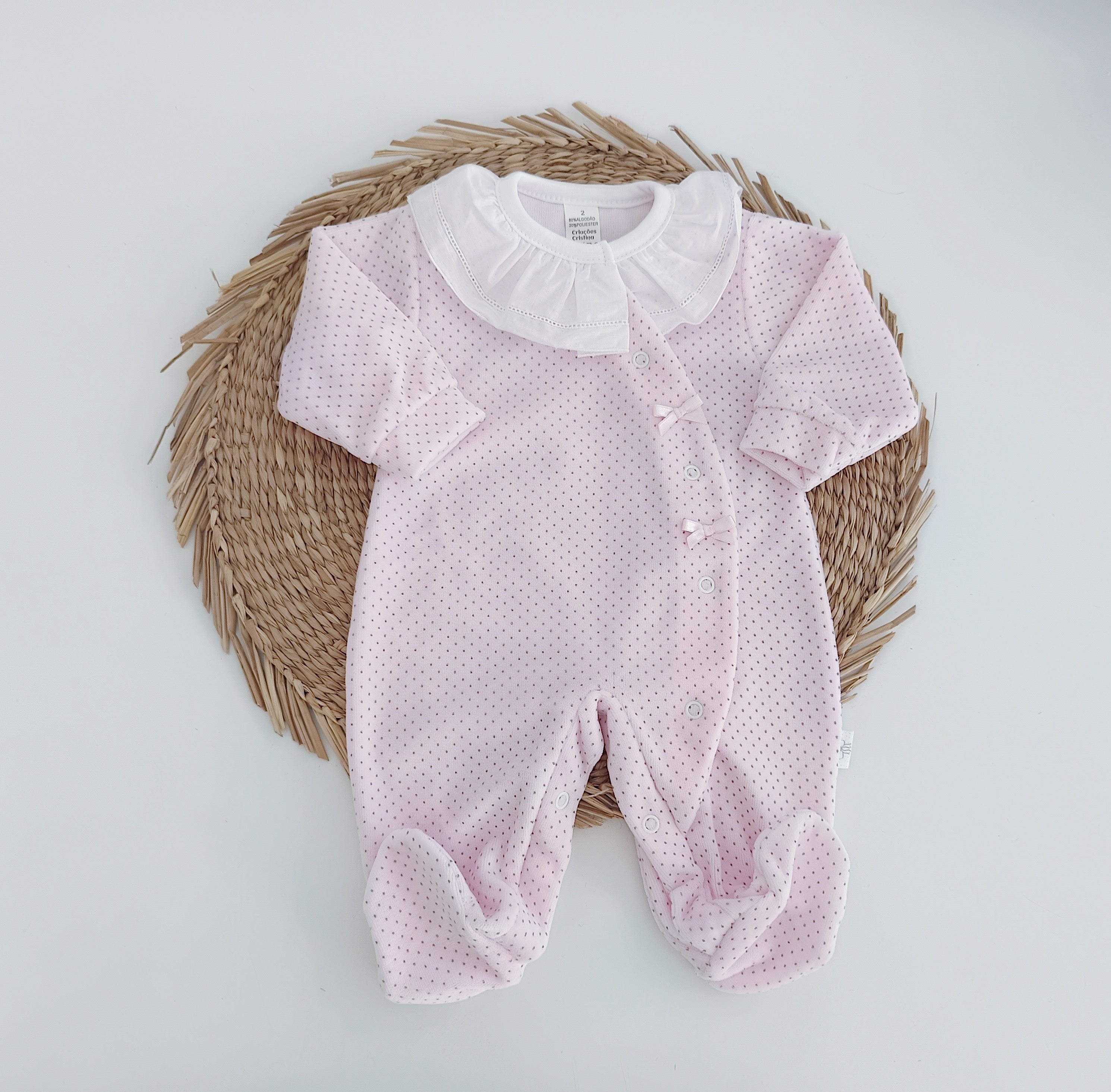 Babygrow Veludo Gola Folho Laço Pintas Rosa