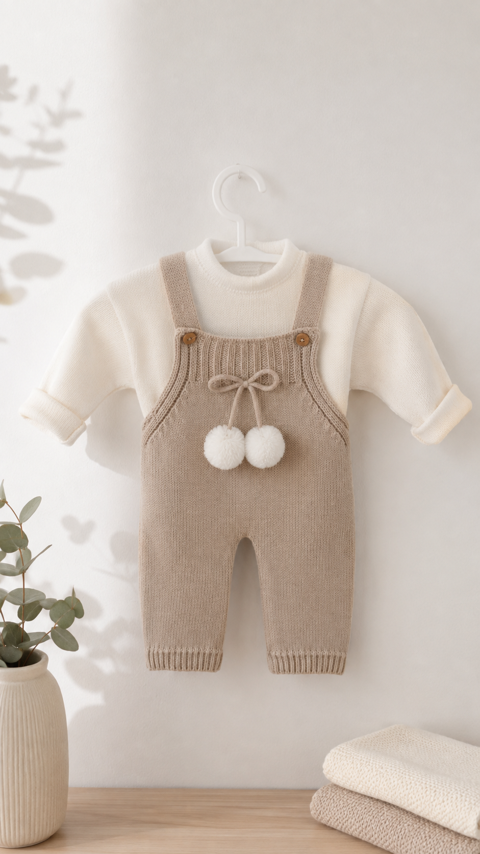 Jardineira de Malha com Camisola Pompons Areia