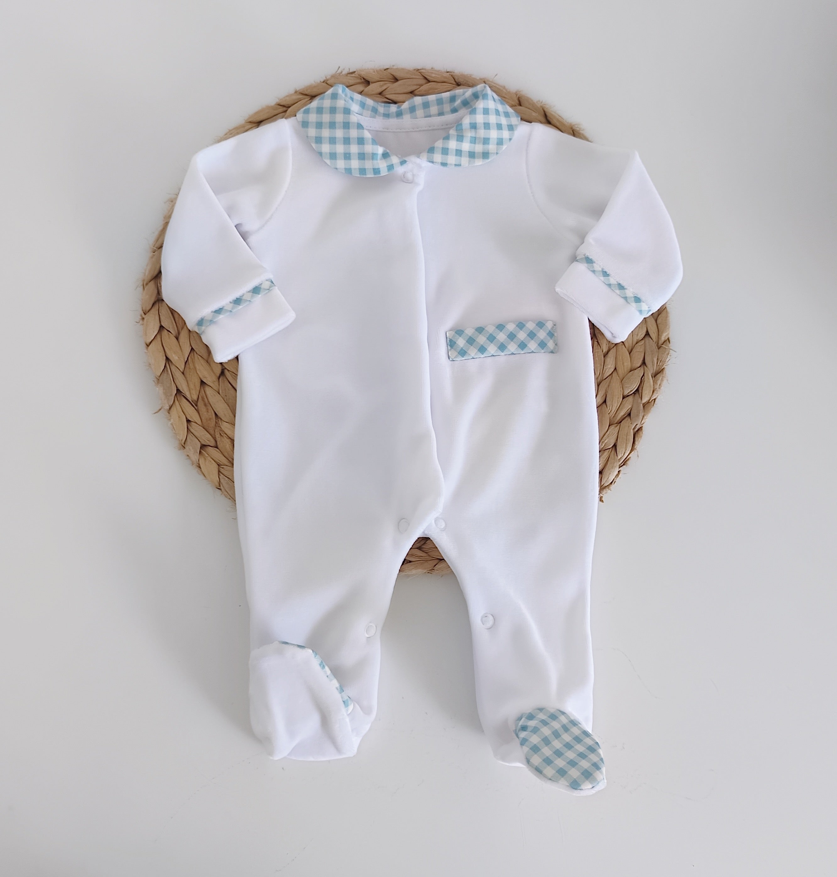Babygrow Veludo com Bolso Xadrez Azul