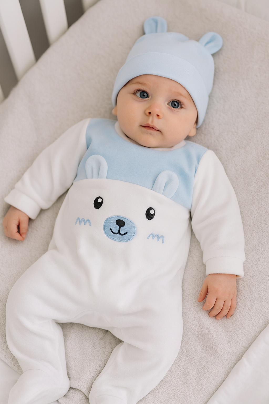Babygrow Algodão Urso com Gorro Orelhas Azul