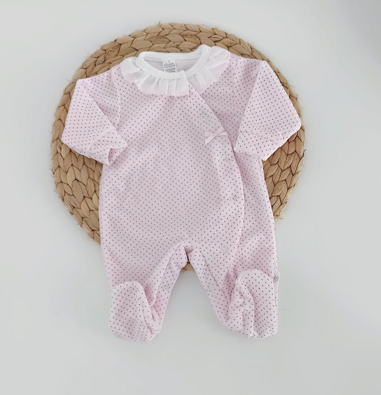 Conjunto de Primeira Roupinha Veludo Laço Pintas Rosa