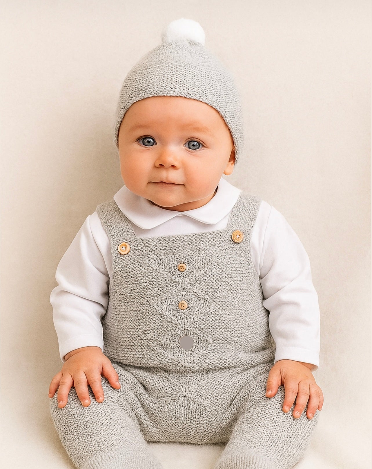 Jardineiras de  malha c/ camisa gola bico Losangos Botões e gorro Cinza