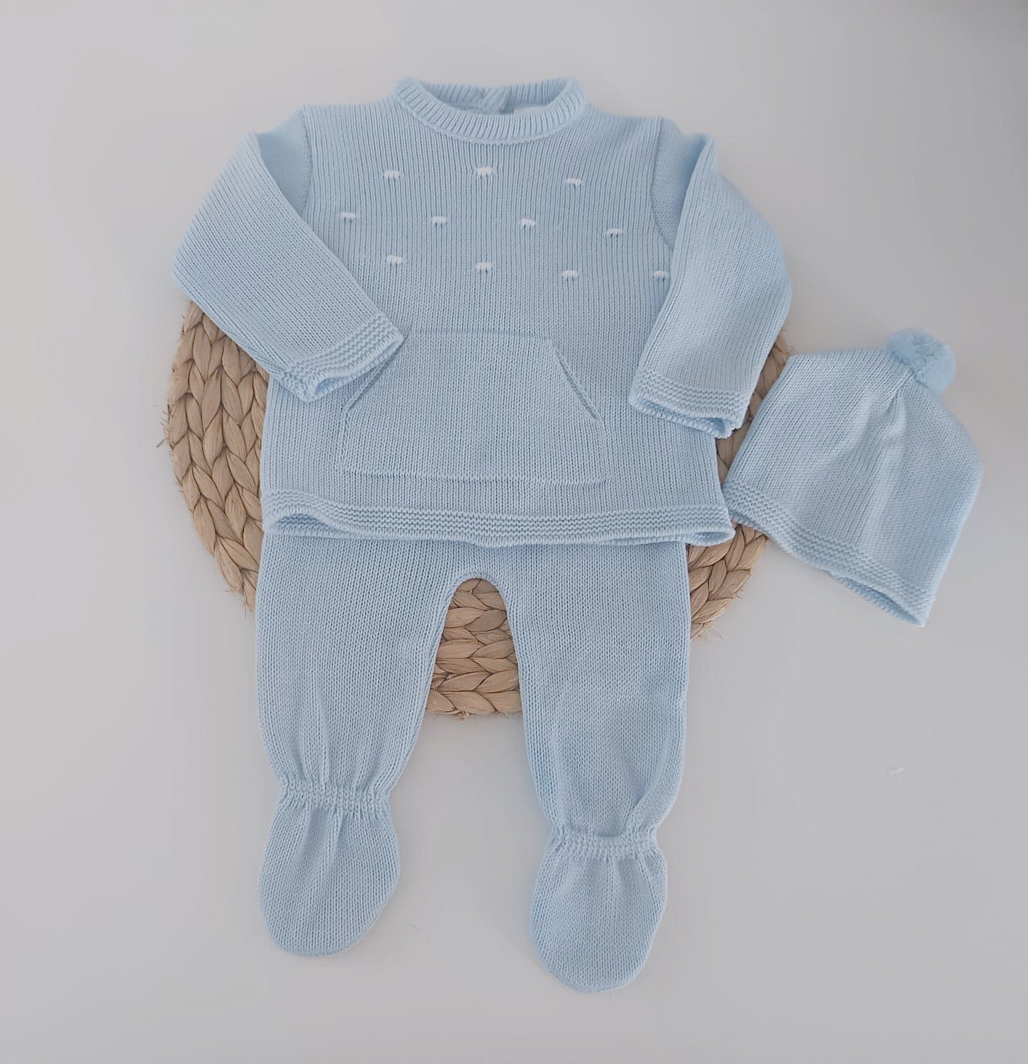 Conjunto de Malha Pintas Calças, Camisola com Bolsos e Gorro Azul