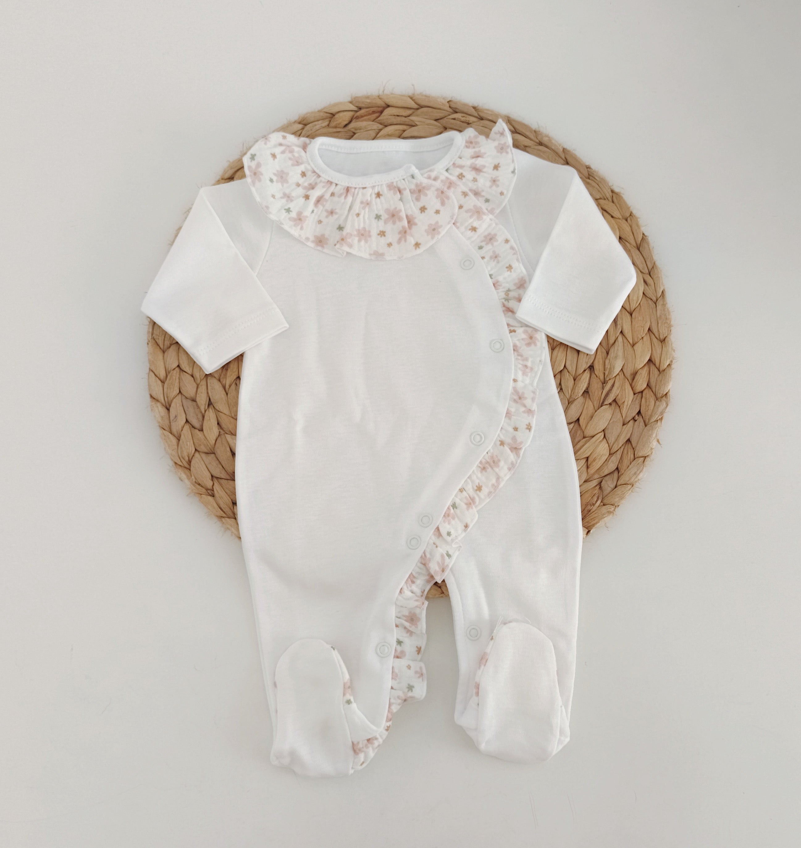 Babygrow Folho e Gola Musselina Flores Salmão